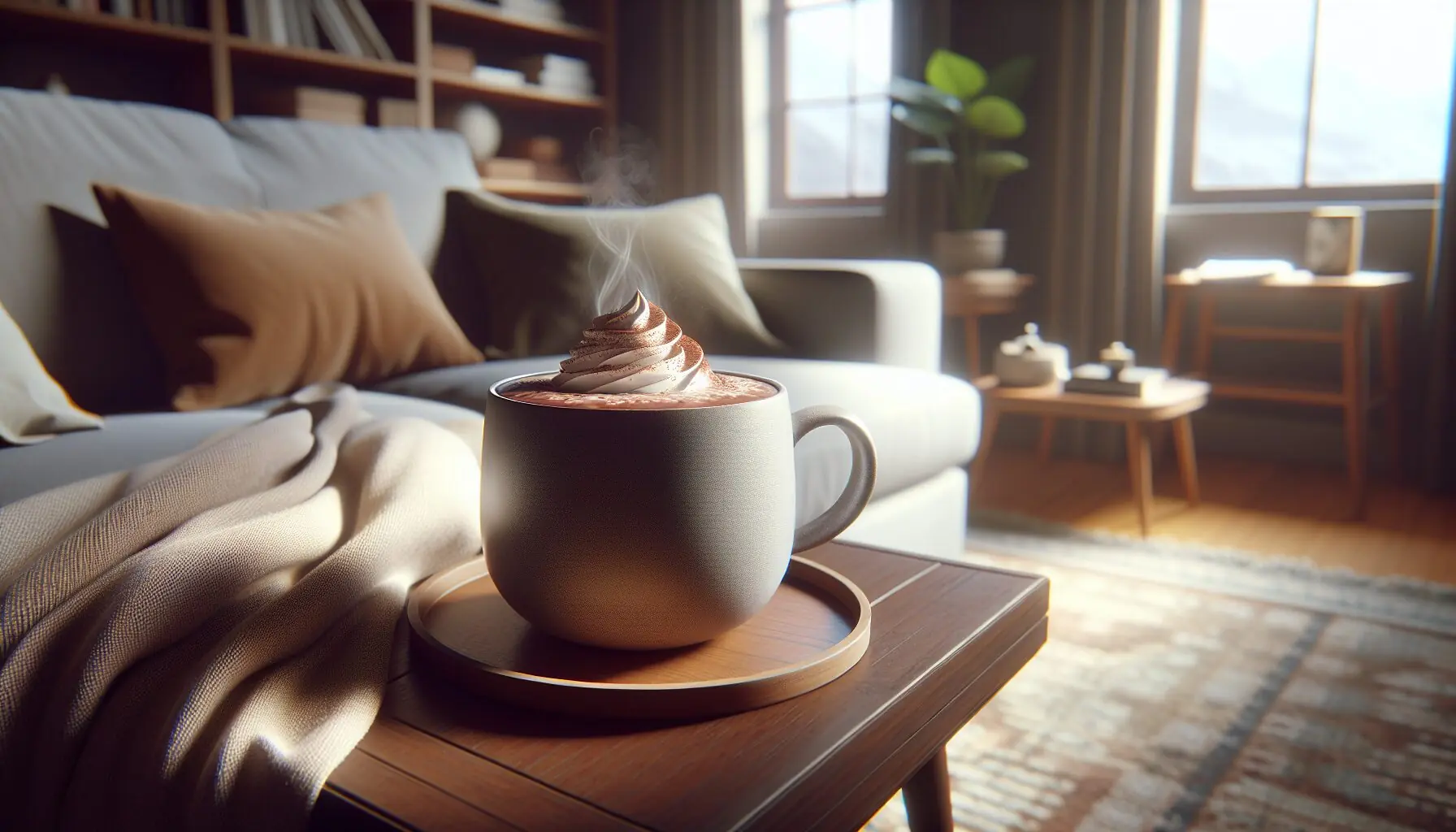 Generate an image of a cozy living room setting with a steaming mug of cocoa on a small table next to a couch.
