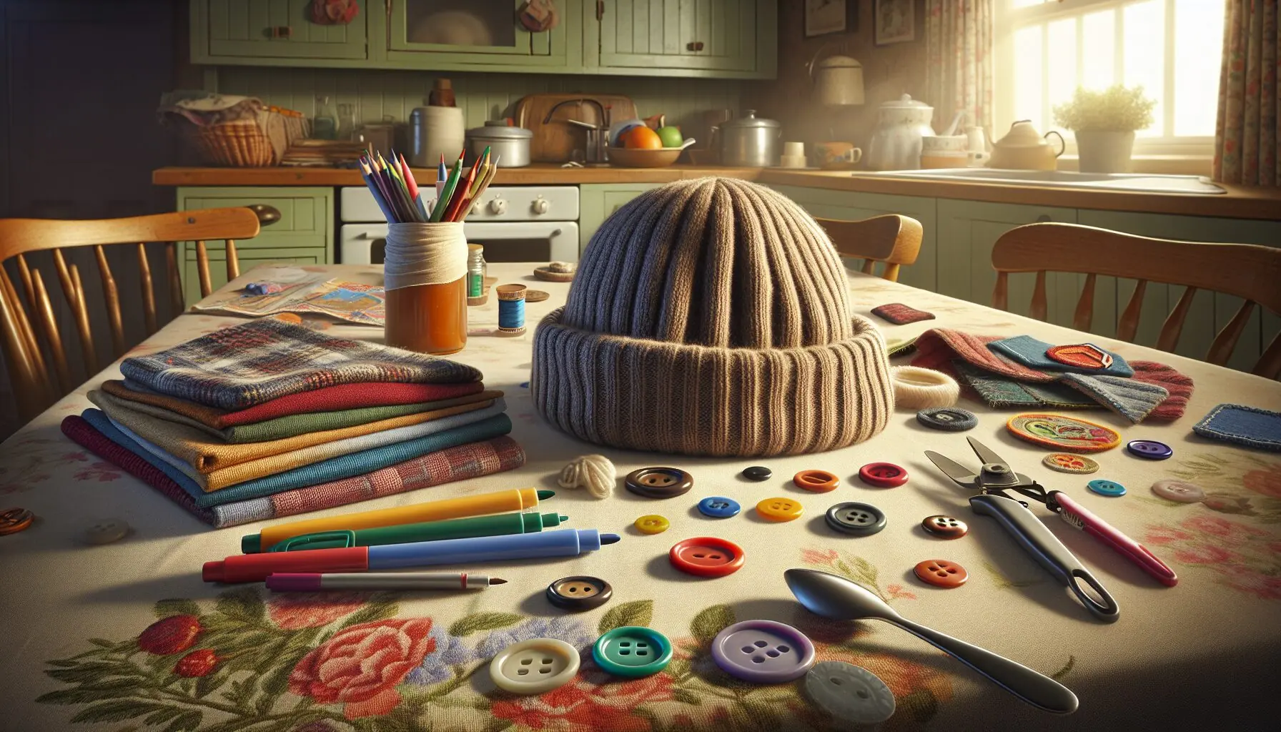 Generate an image of a plain fabric winter hat next to vibrant buttons and colorful markers.