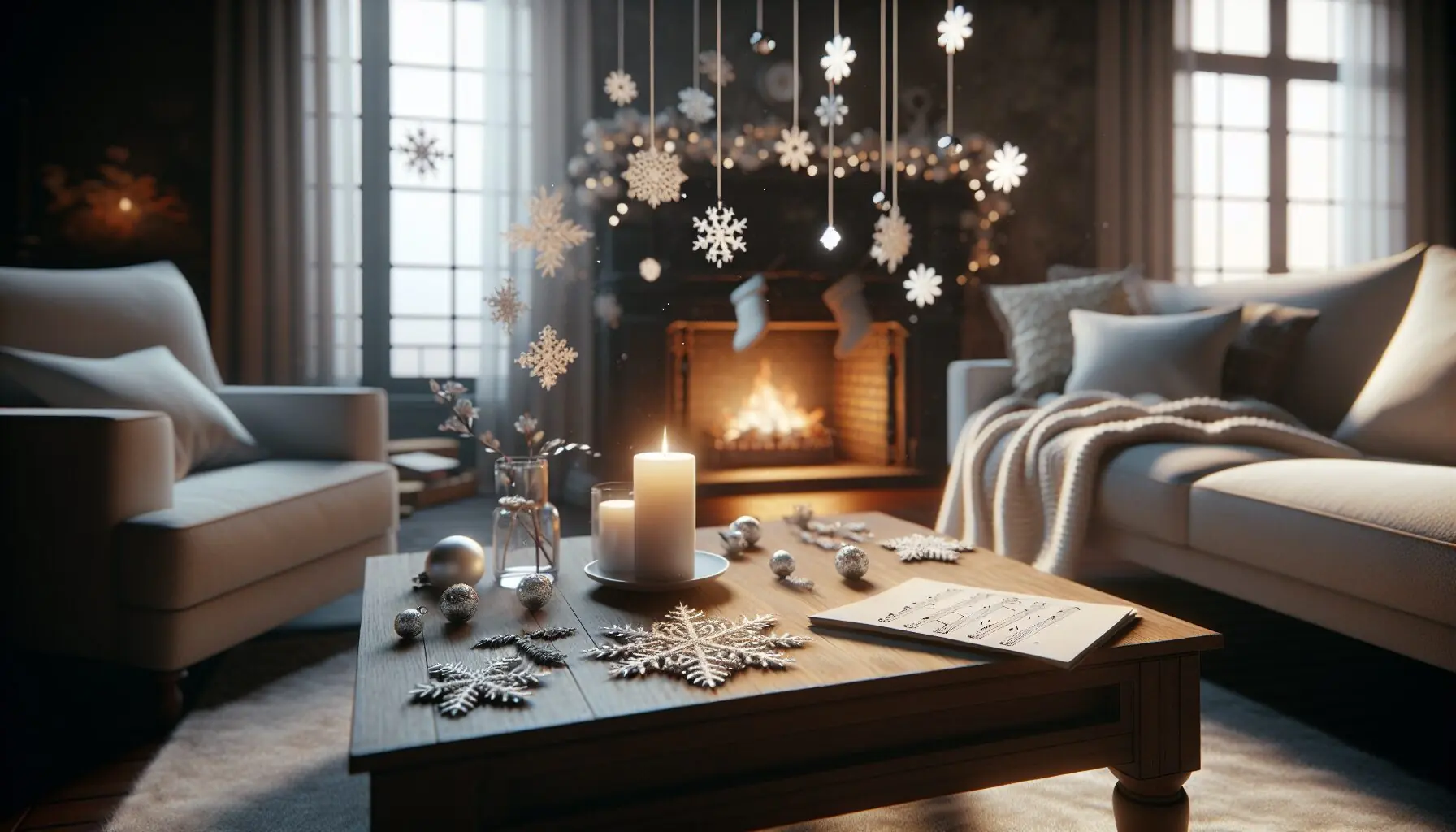 Generate an image of gently falling snowflakes and soft musical notes on a winter-themed background.