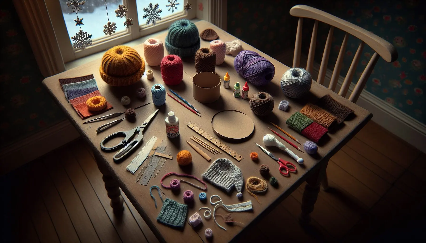 Generate an image of a happy family crafting at a kitchen table with winter-themed decorations in the background.