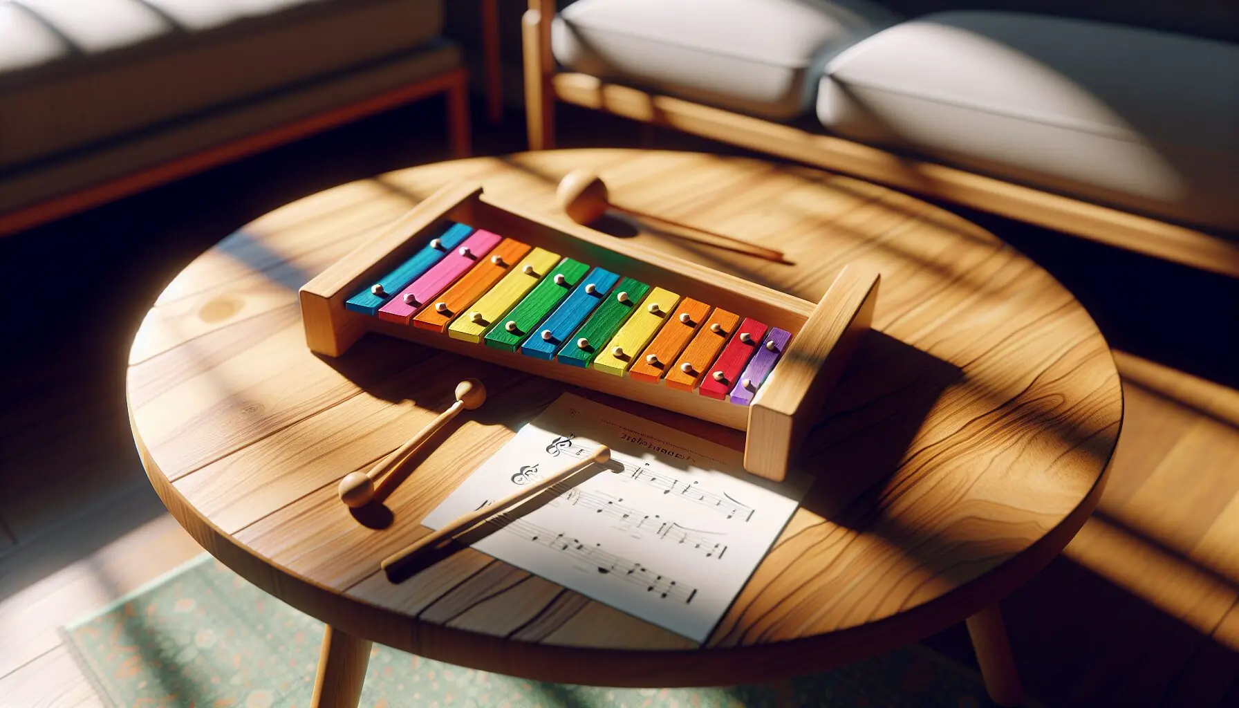 Generate an image of a colorful xylophone and sheet music on a wooden table.