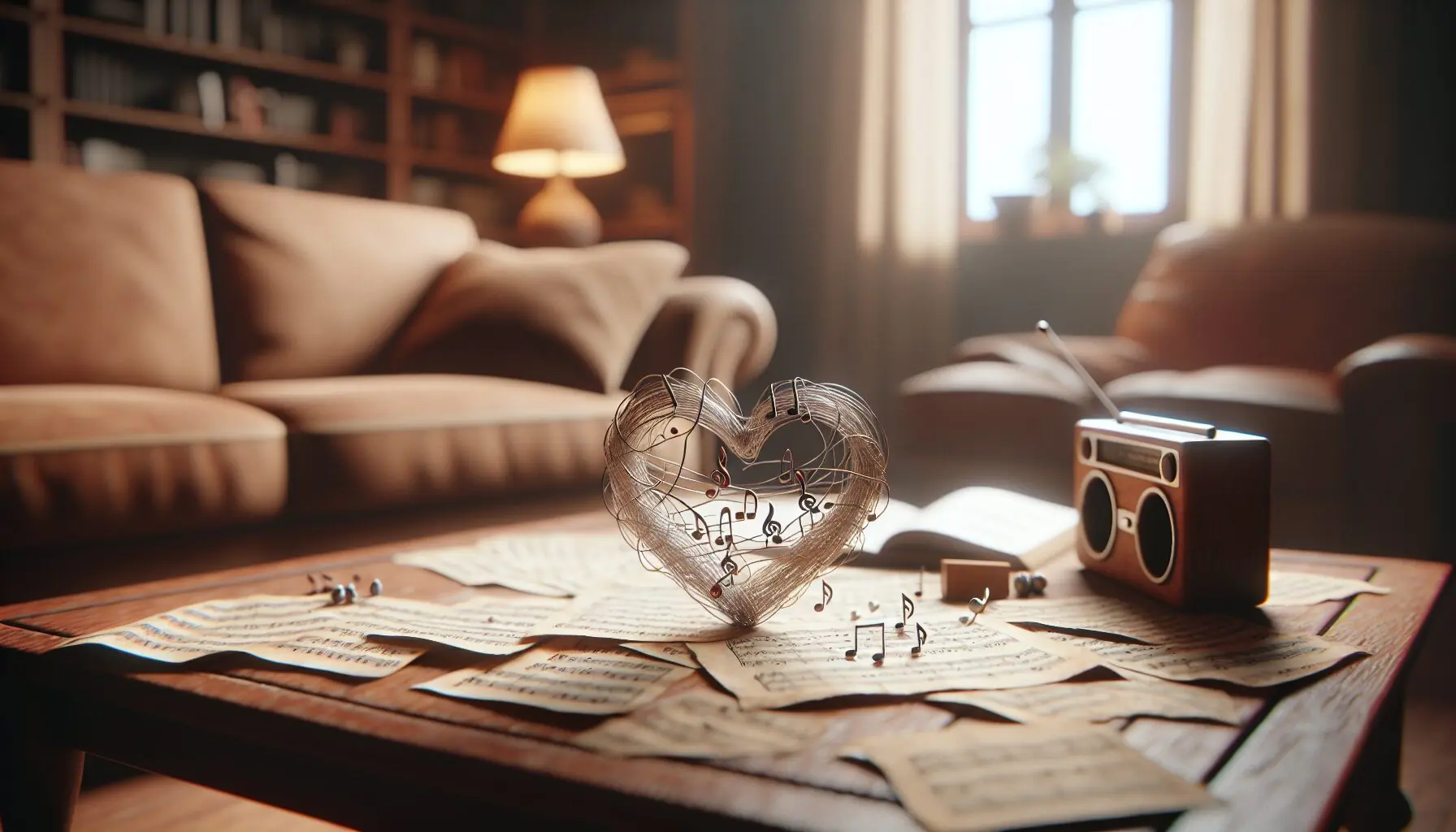 Generate an image of a music-filled room with illustrations of a heart intertwined with musical notes.