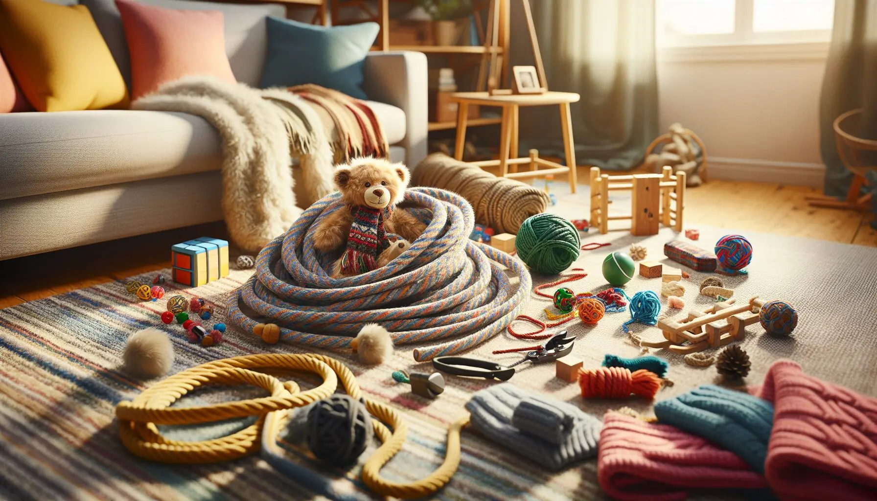 Generate an image showing a playful aftermath with ropes, toys scattered, and colorful winter props.