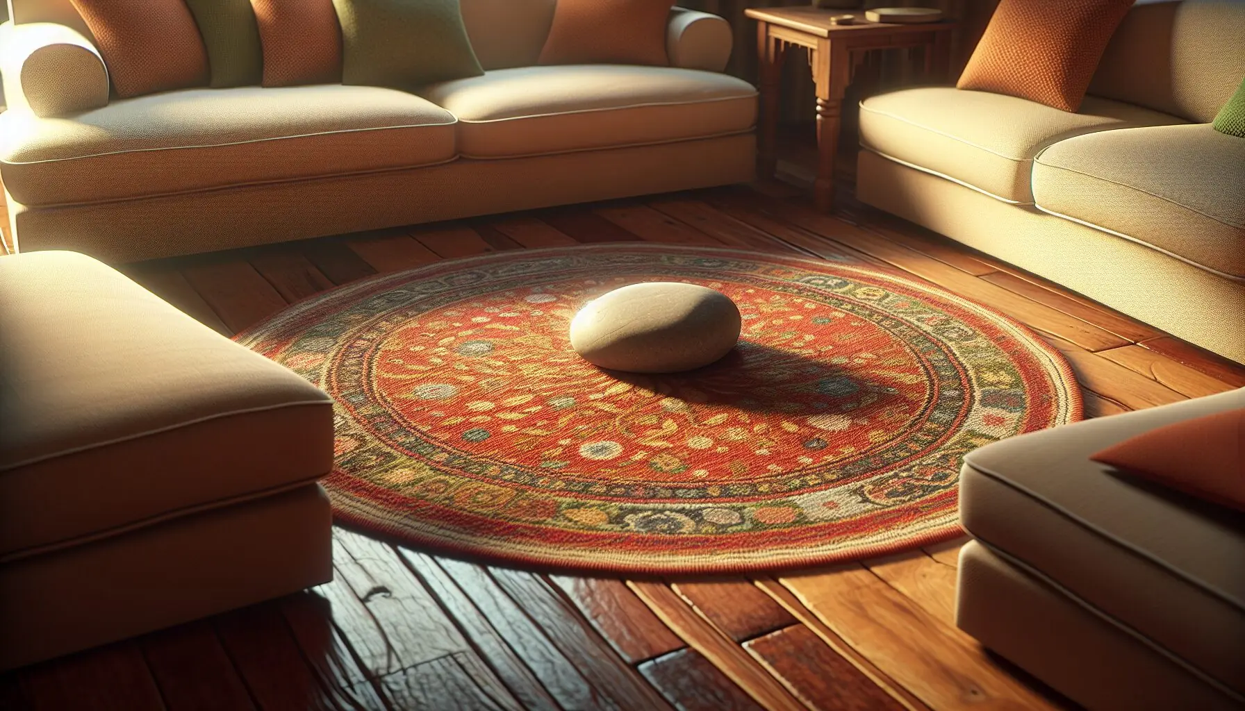 Generate an image of a small, smooth stone on a colorful rug, used as a talking piece.