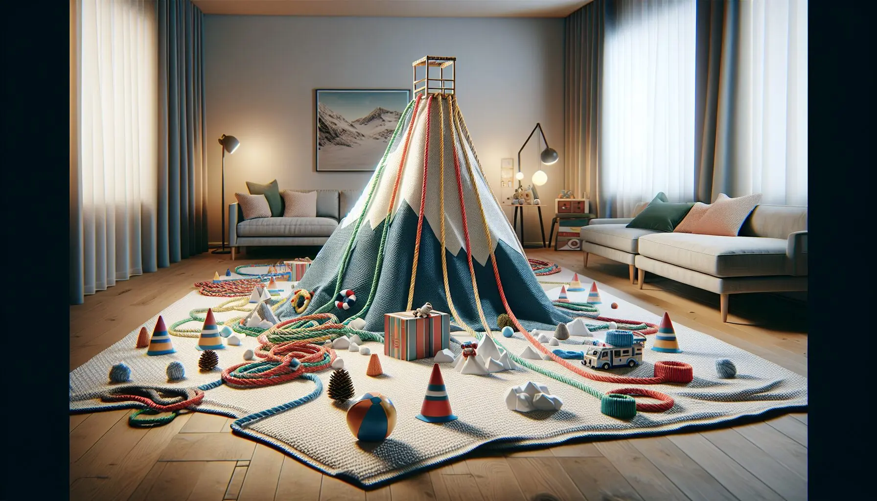 Generate an image of a rescue-themed play setup with colorful ropes, toy mountain, and small cones.