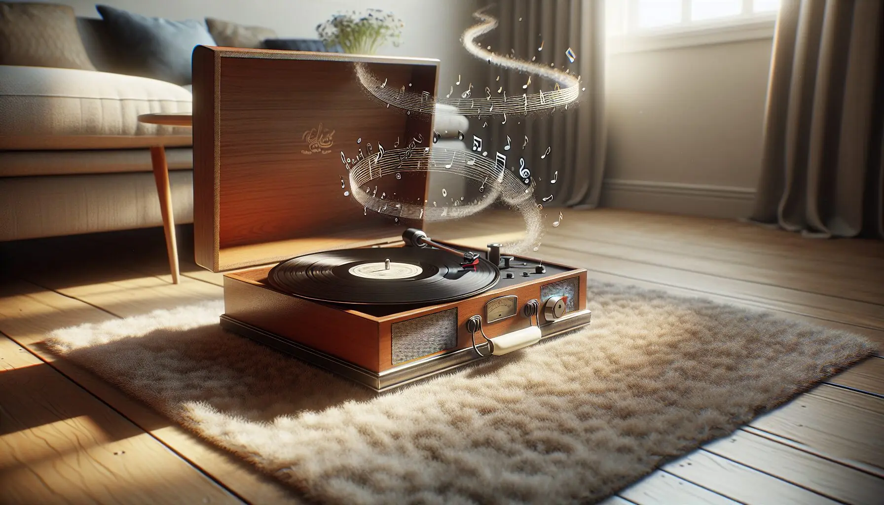Generate an image of a record player and music notes swirling around in a playful setting.