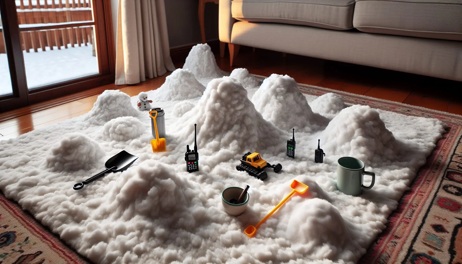 Generate an image of a plush snow landscape with toy rescue tools and pretend snow obstacles.