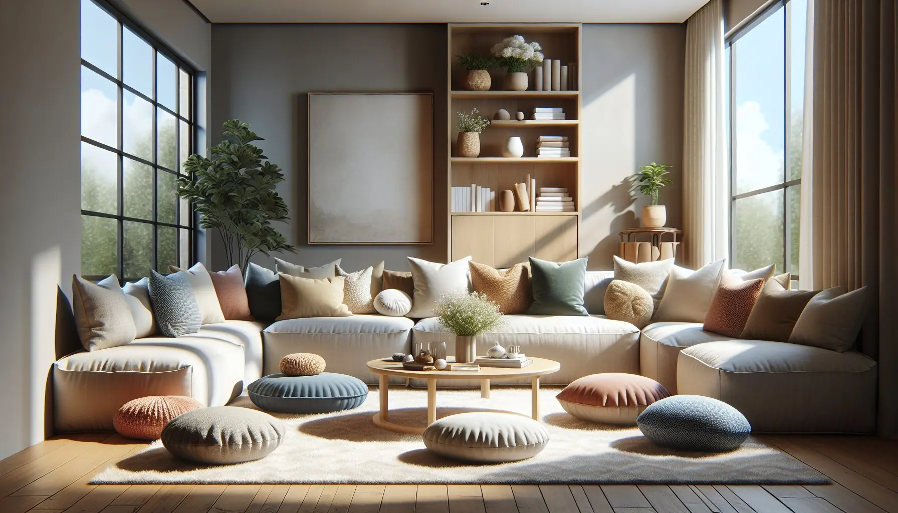 Generate an image of a cozy living room with cushions arranged in a circle.