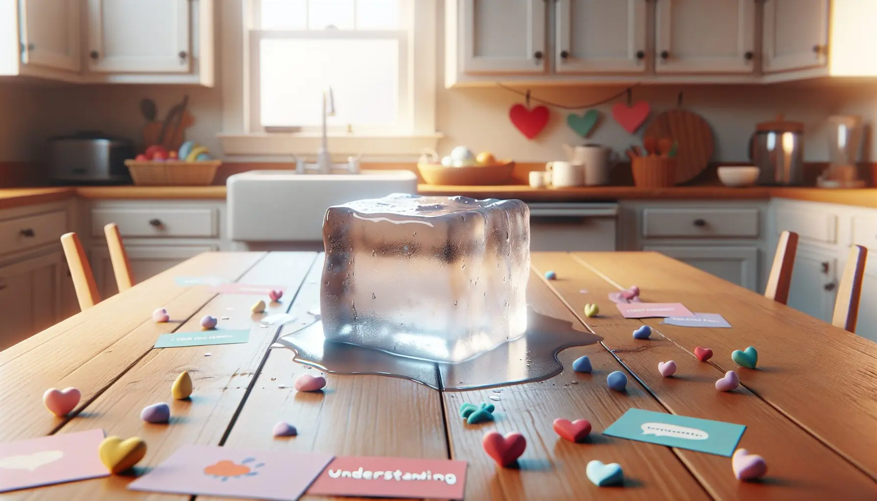Generate an image symbolizing development: a child holding a melting ice block with hearts and thought bubbles around.