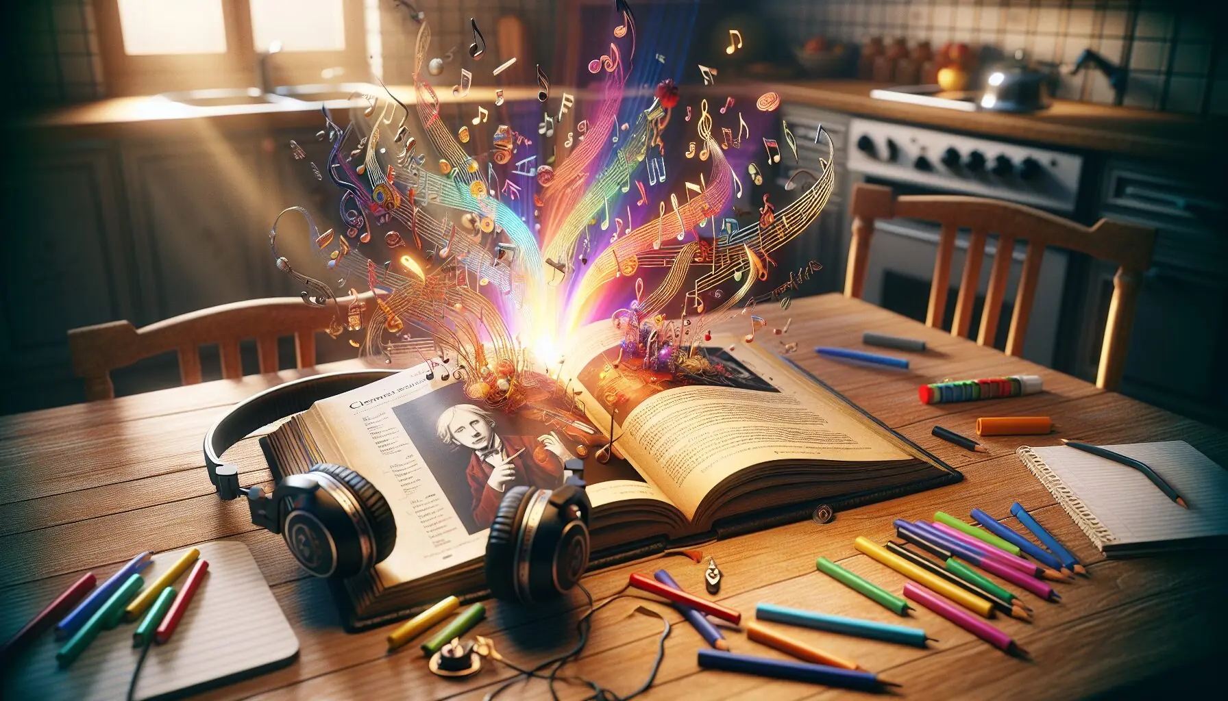 Generate an image of a brain with musical notes and colorful rays radiating from it, symbolizing music's impact on development.