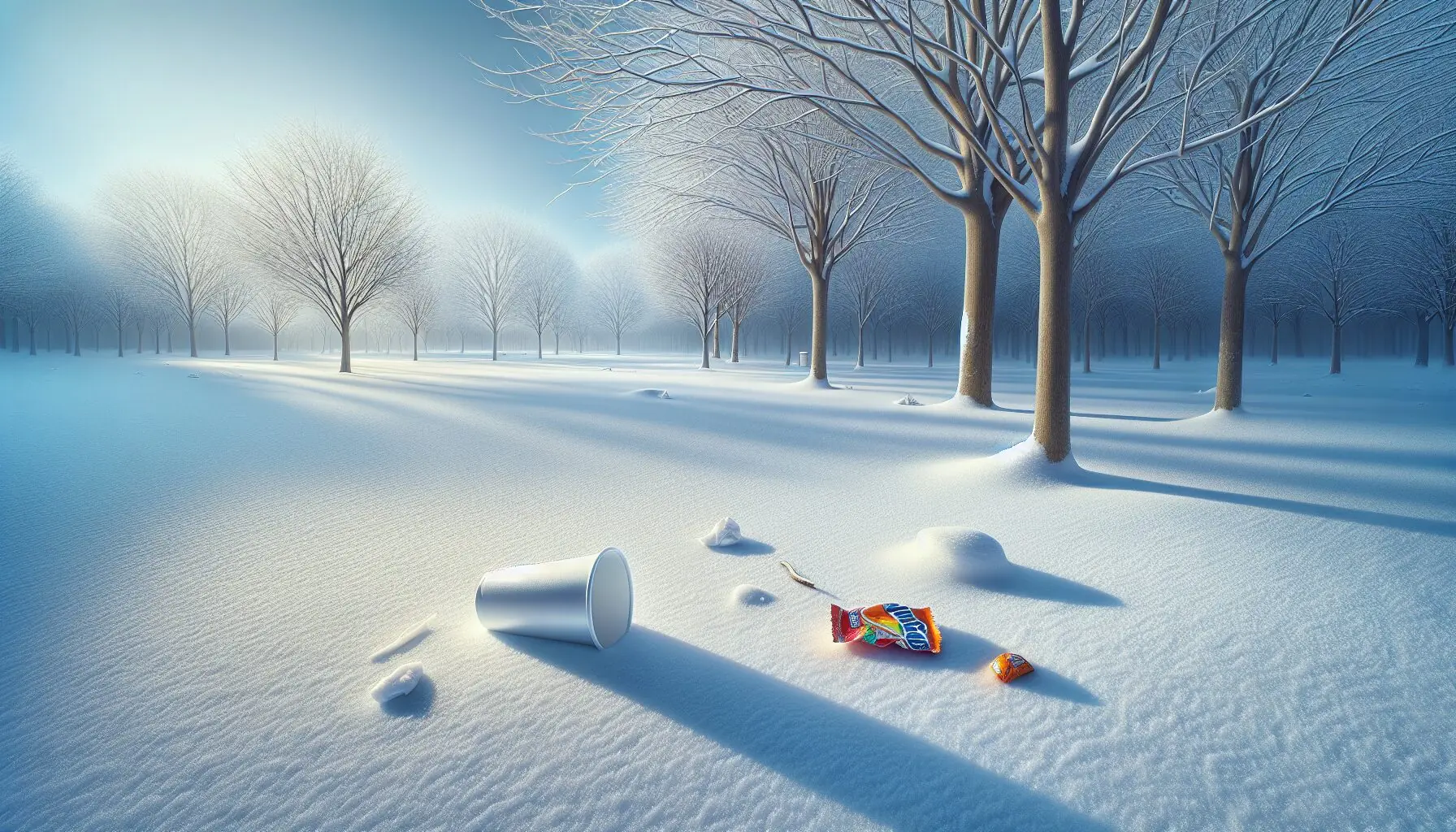 Generate an image of a snow-covered park with a few scattered litter items such as a cup and wrapper.