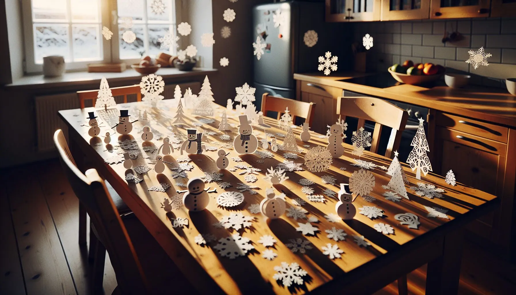 Generate an image of winter-themed cutouts such as snowflakes and snowmen in various sizes.