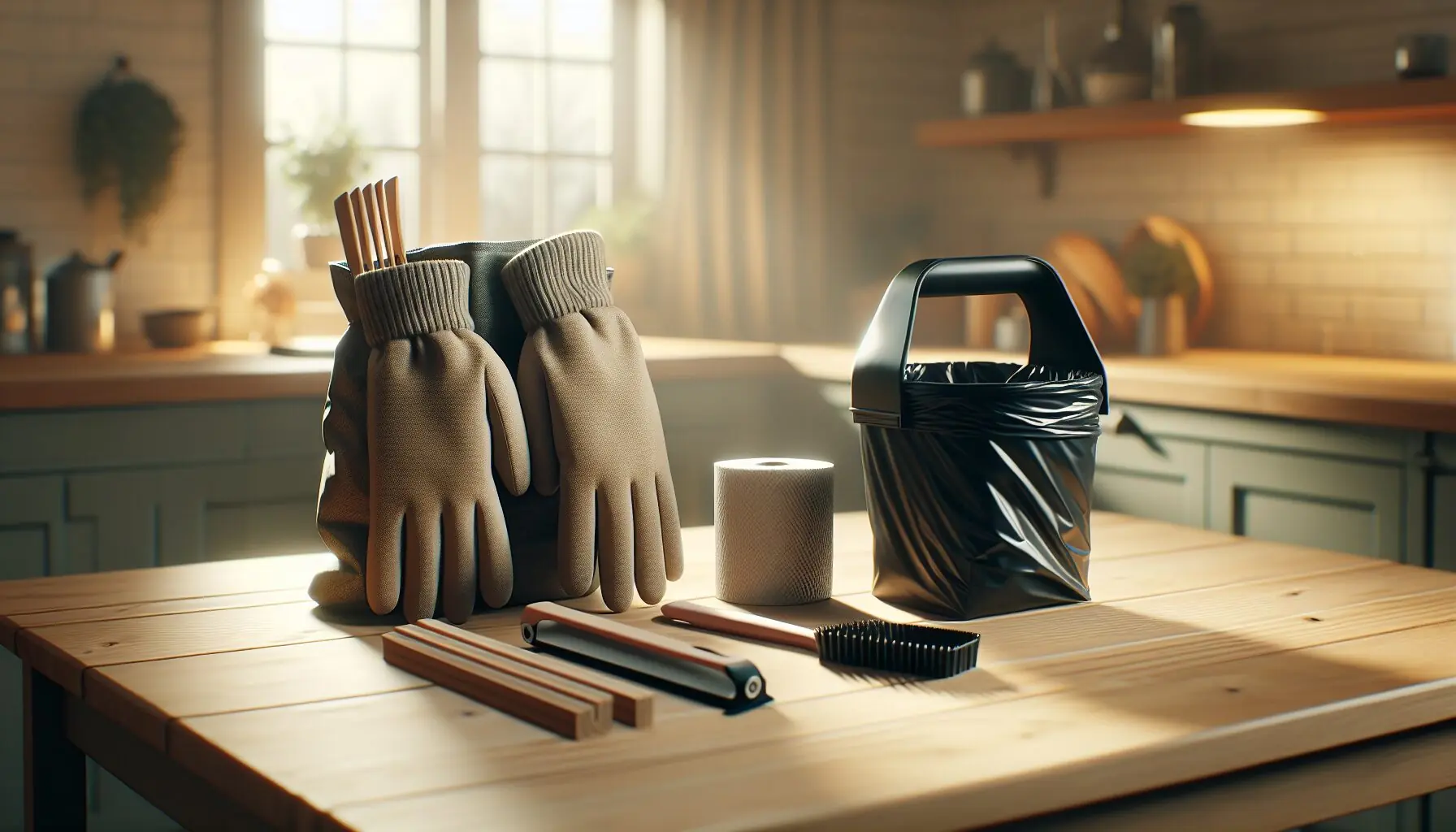Generate an image of winter cleaning supplies: warm gloves, trash bags, and a reusable trash picker on a wooden table.