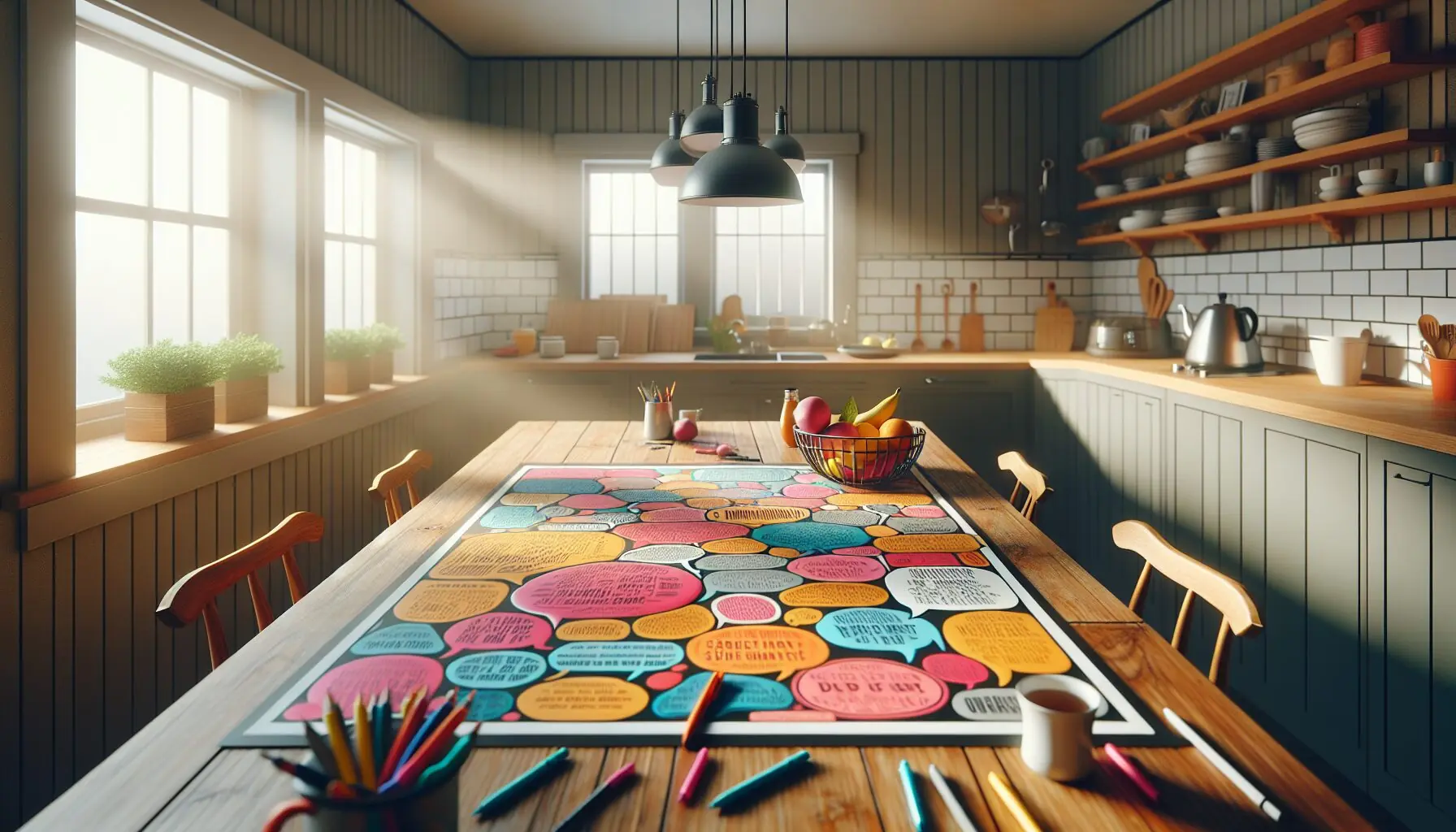 Generate an image of a colorful text bubble collage representing the exchange of ideas and stories among parents.