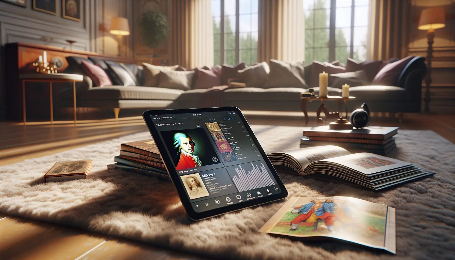 Generate an image of a tablet playing a music app with a Mozart playlist open, surrounded by colorful drawings and a storybook.