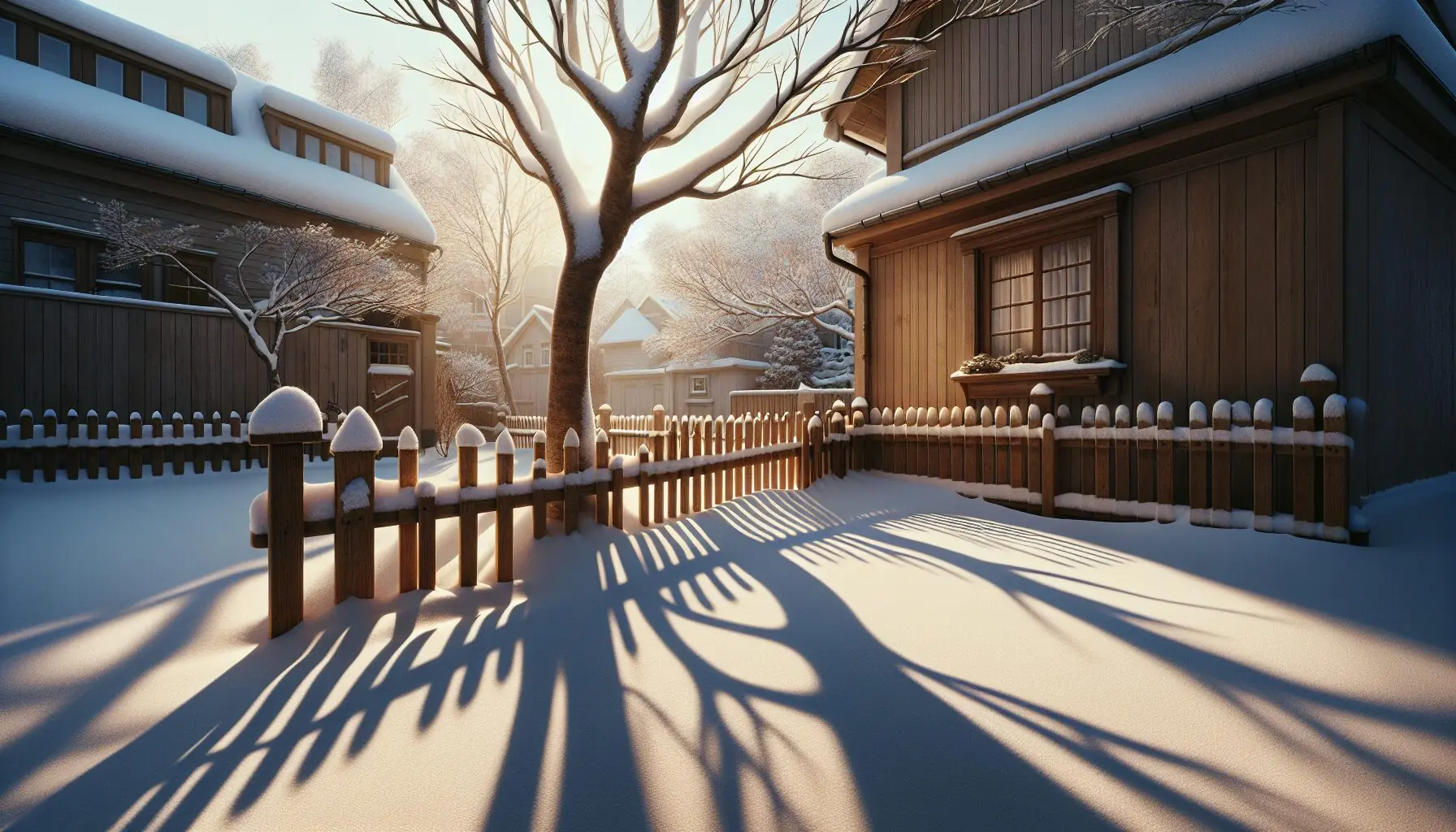 Generate an image of a snowy landscape with long shadows cast by the sun.