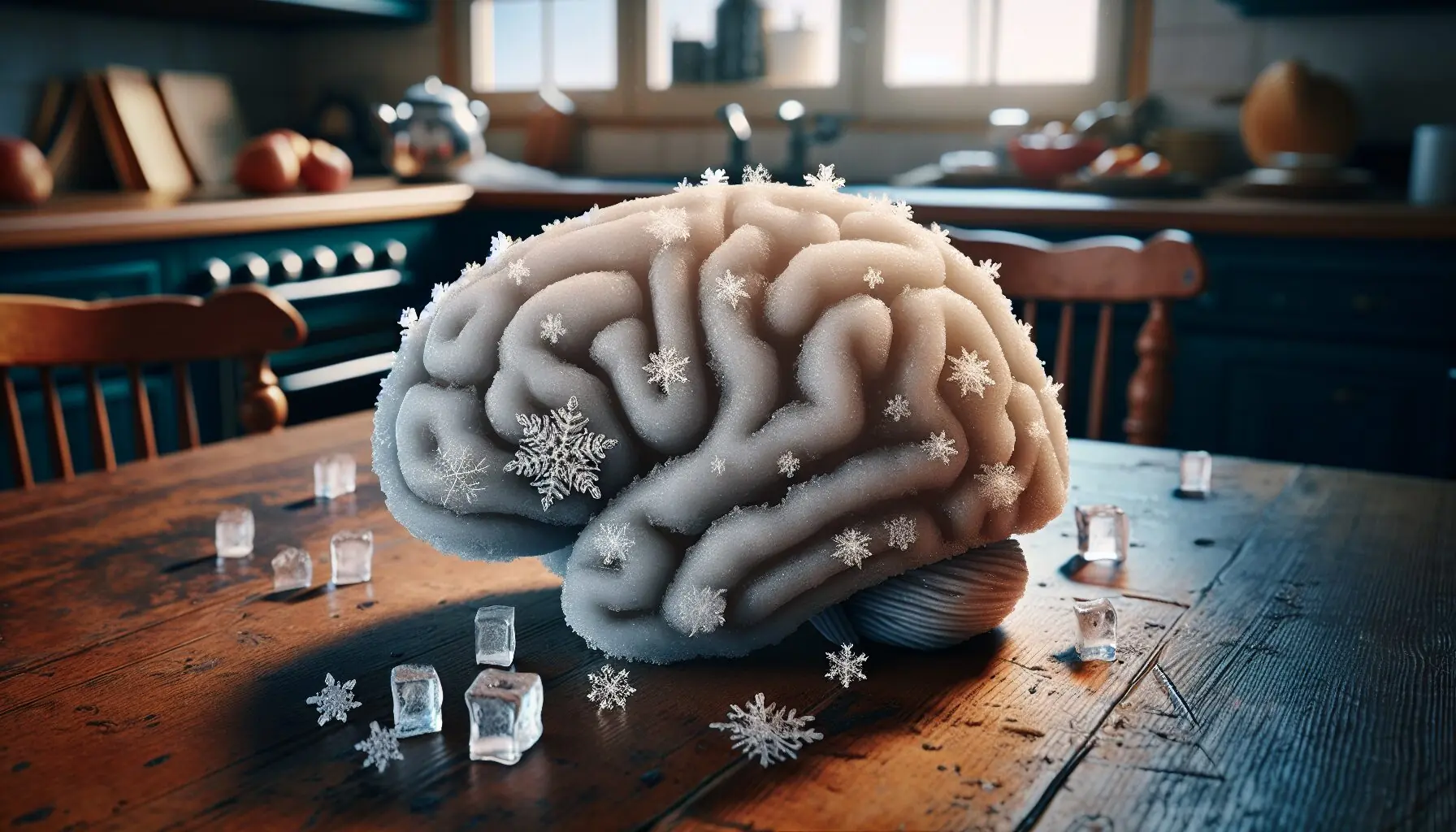 Generate an image of a scientist-style brain surrounded by snowflakes and ice cubes with a smiling child curiously observing.