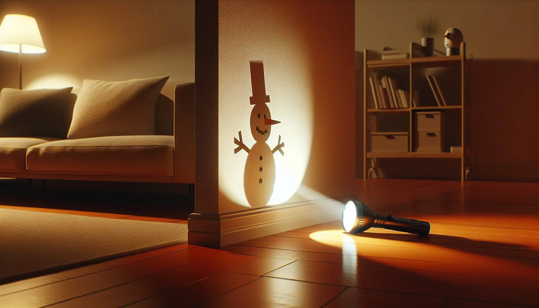 Create a scene with a flashlight casting shadows of the snowman cutout on a blank wall.