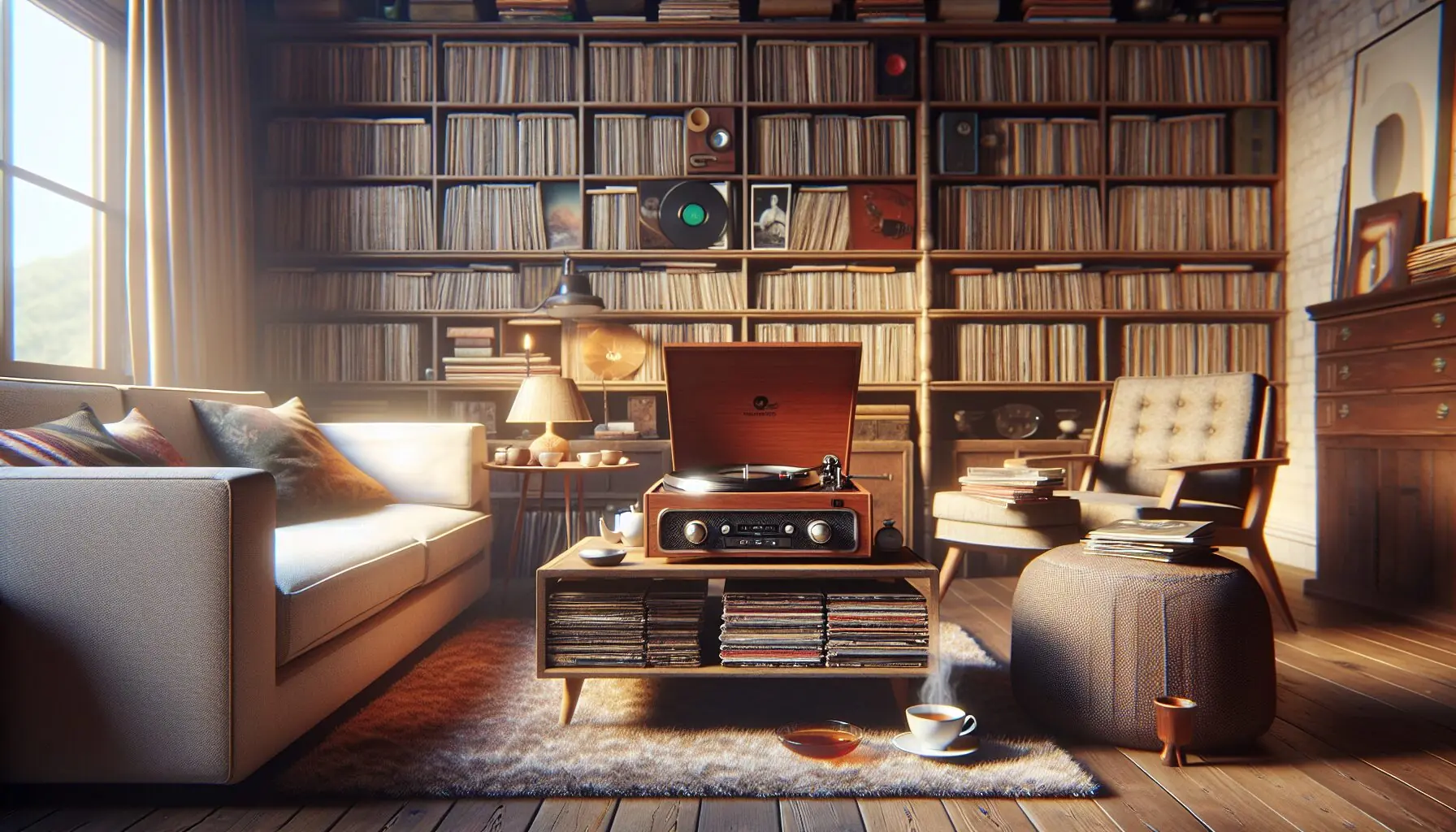 Generate an image of a cozy family room setting with a classic vinyl player and overflowing bookshelves.