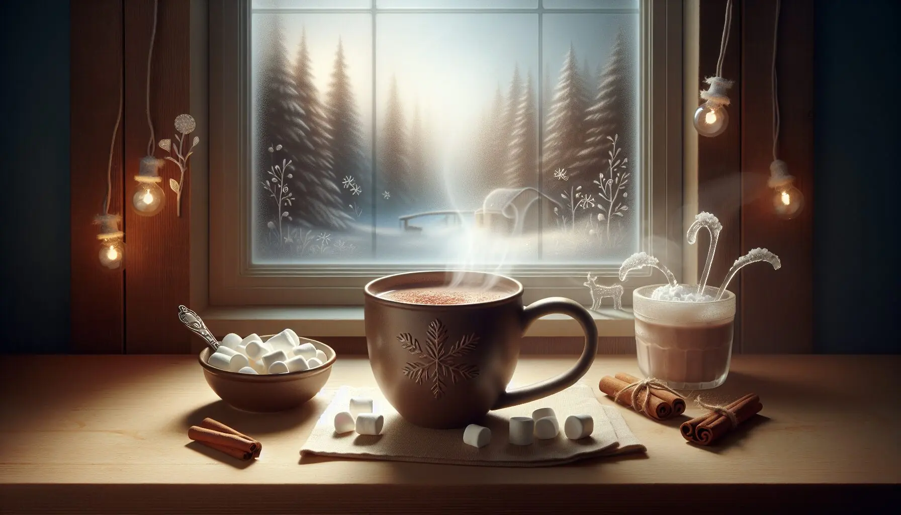 Generate an image of a steaming cup of hot cocoa on a cozy table with a winter scene visible through the window.