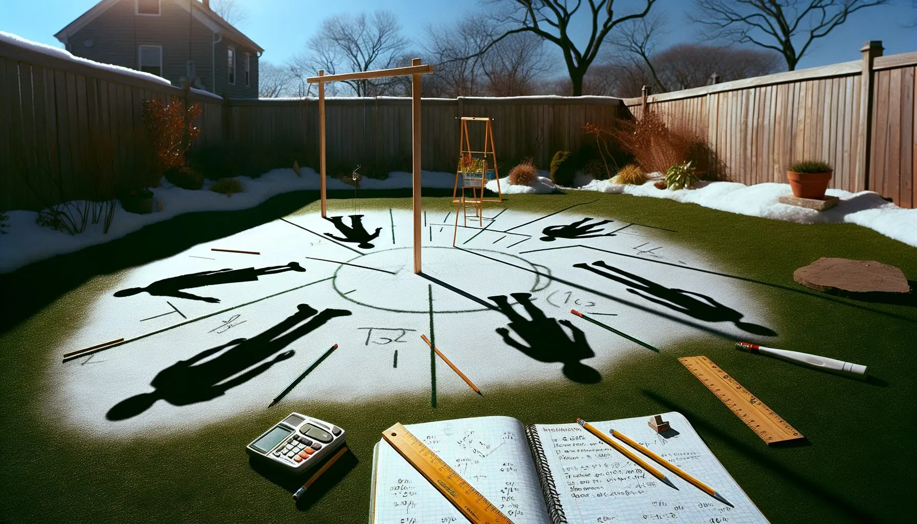 Generate an image of a sunny spot with chalk outlines of shadows.