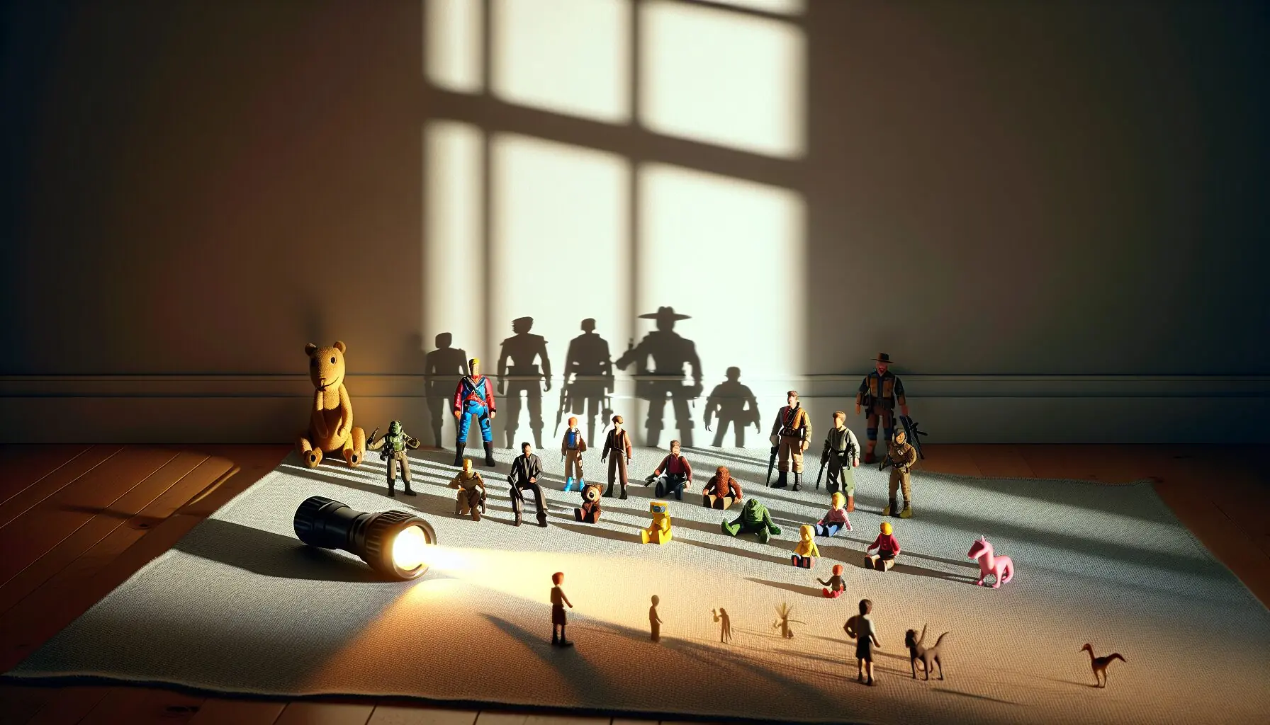 Generate an image of a playful shadow on a wall created by a flashlight and toy figures.