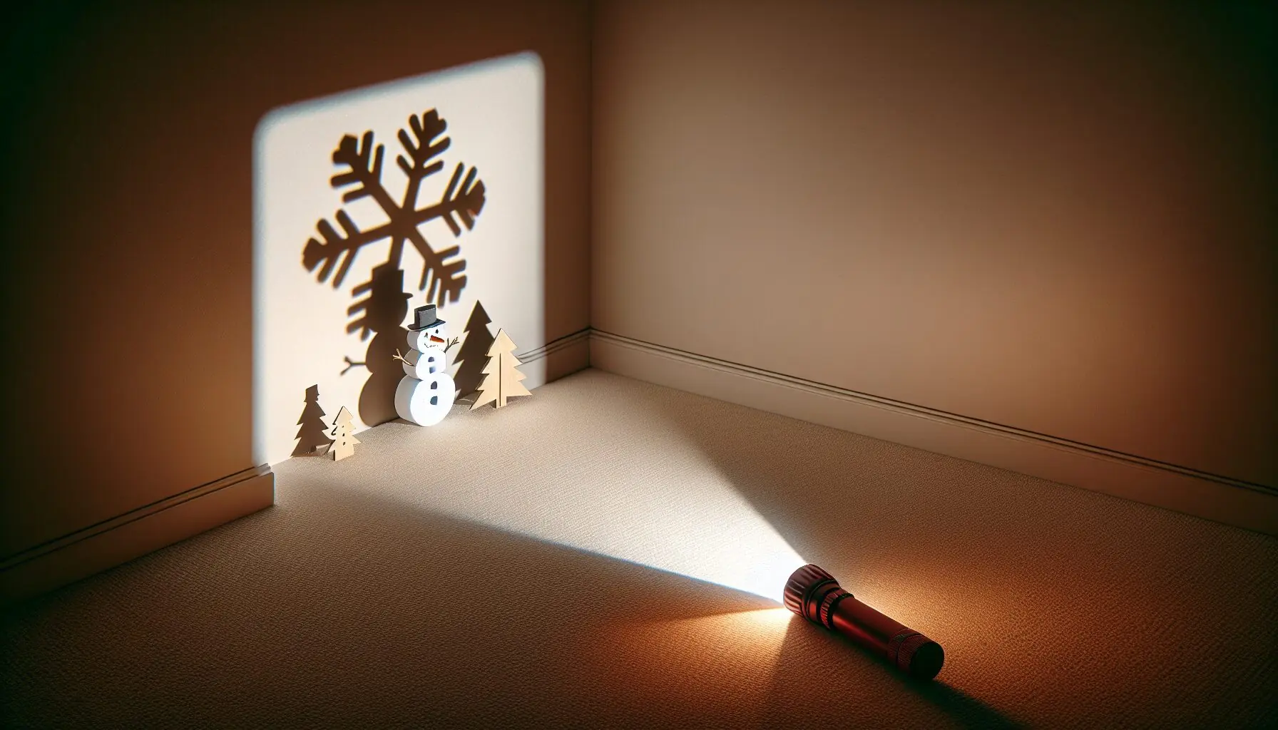 Design a cheerful diagram illustrating light rays creating shadow figures of a snowman and snowflake.