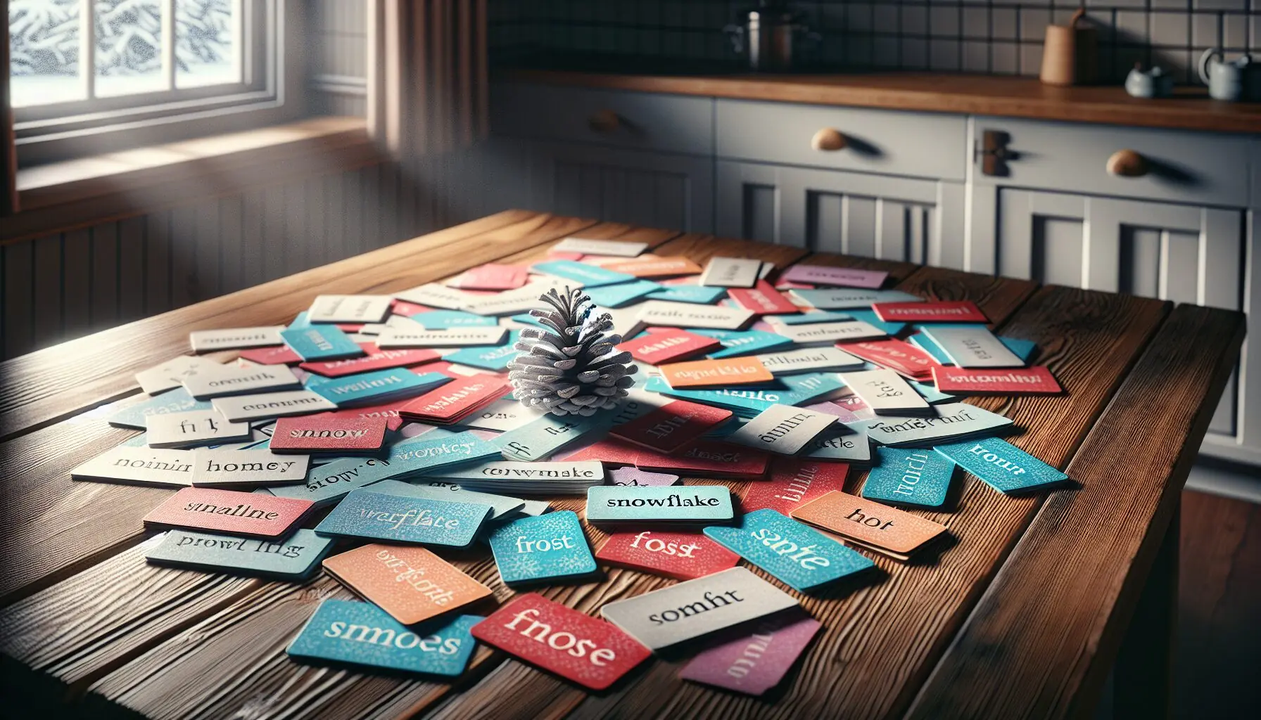Generate an image of colorful index cards with winter words like 'snowflake' and 'frost' written on them, scattered on a wooden table with a pinecone.