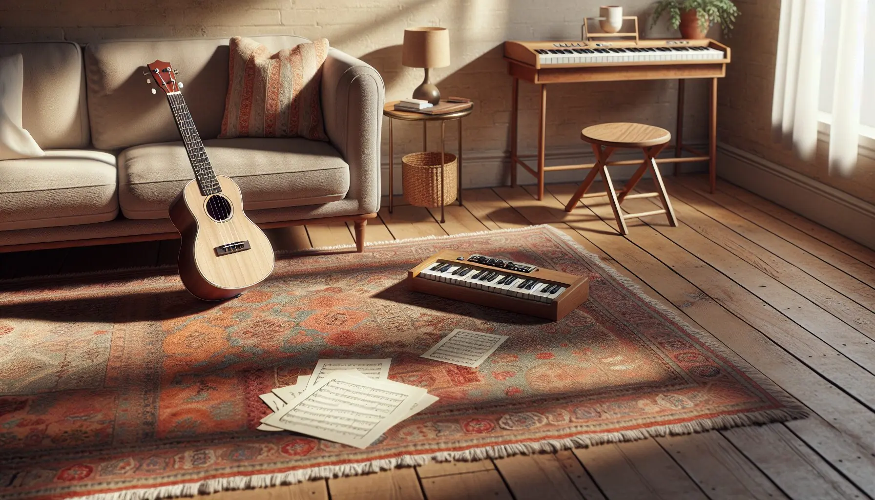 Generate an image of a calm seating arrangement, with a small rug acting as an improvised stage area for a home concert.
