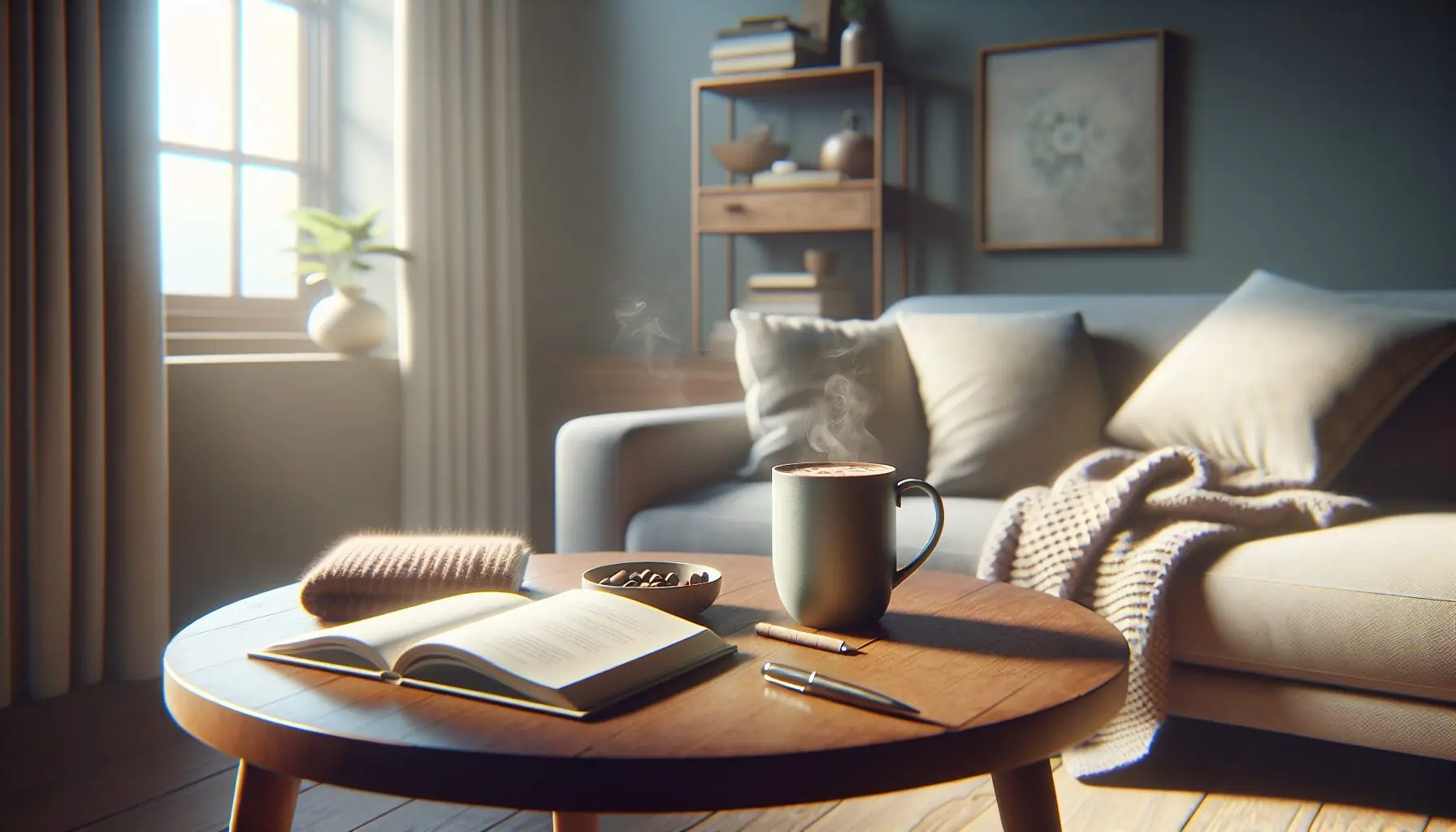 Generate an image of a cozy living room with a steaming cup of hot chocolate on the table, surrounded by books and notebooks.