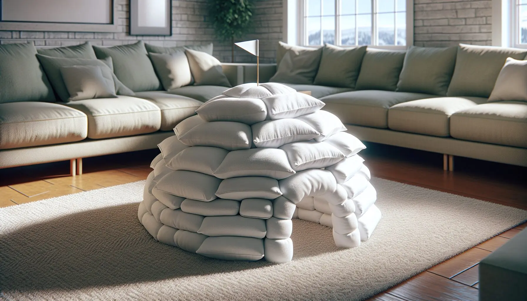 Create a whimsical scene showing a small igloo with a tiny flag on top.