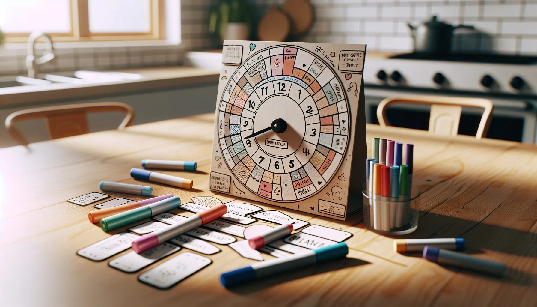 Generate an image of a DIY paper clock with hand-drawn numbers and spaces for daily events alongside markers on a table.