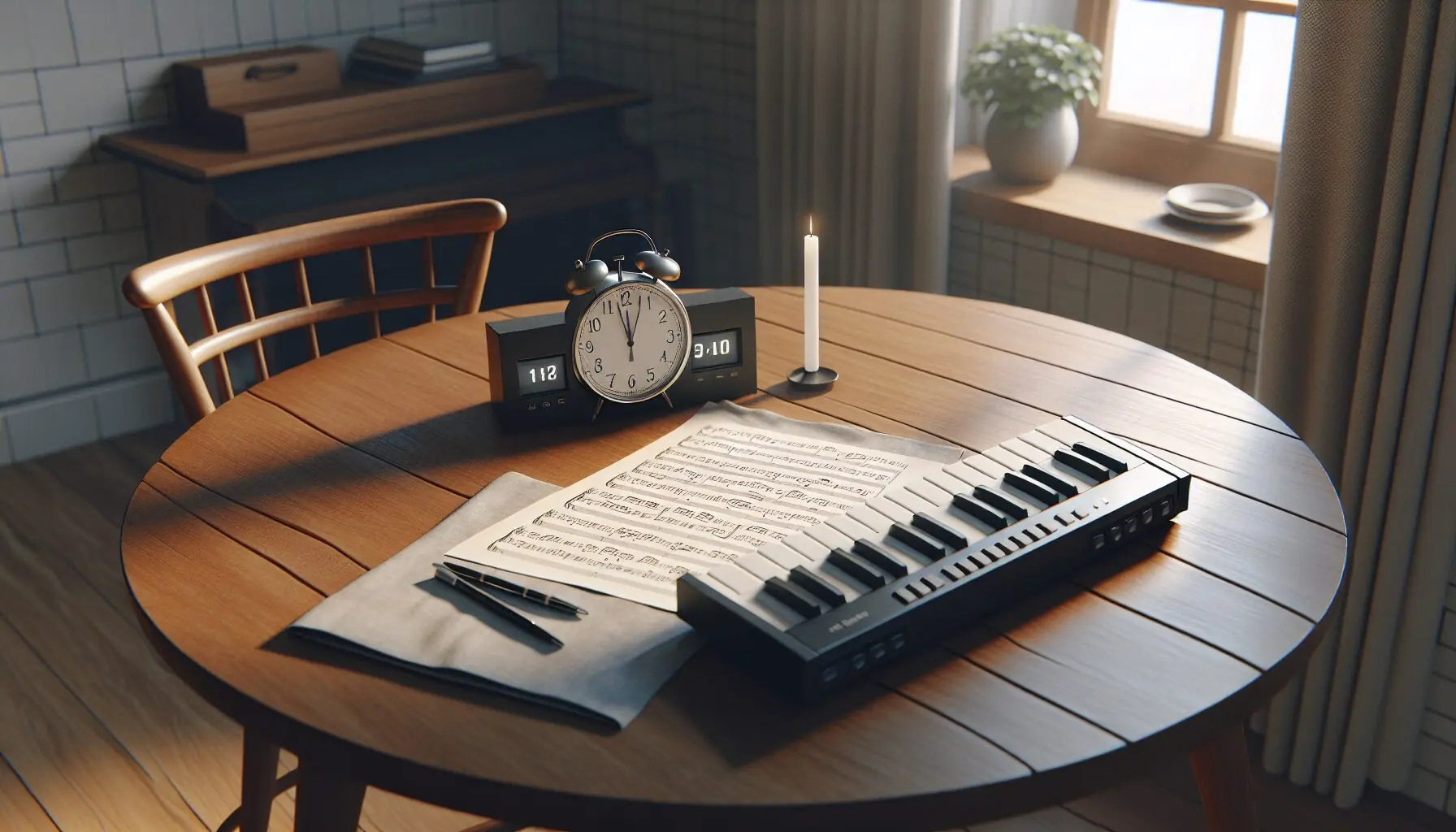 Generate an image of sheet music, a simple instrument like a keyboard, and a small clock showing 'one hour till showtime'.