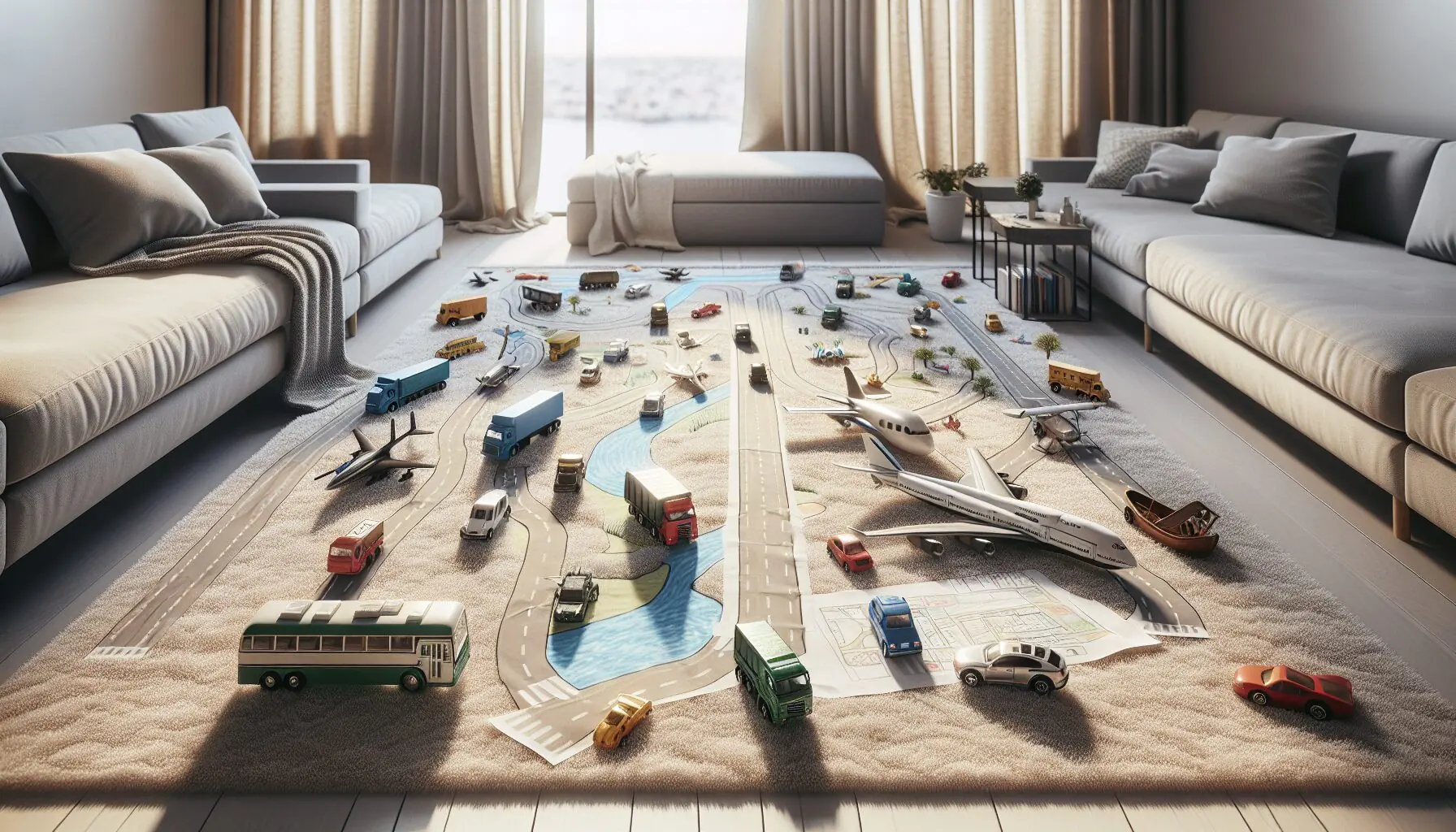 Visualize an image showing a child playing with toy vehicles on a drawn map, illustrating engagement and focus.