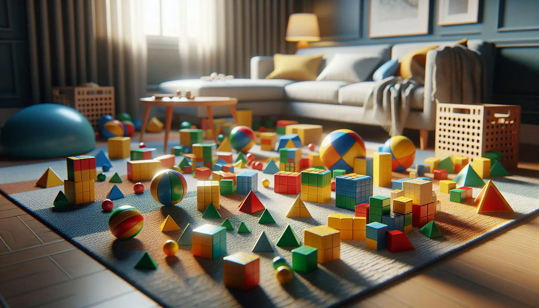 Illustrate a collection of geometric shapes and building blocks to symbolize learning concepts.