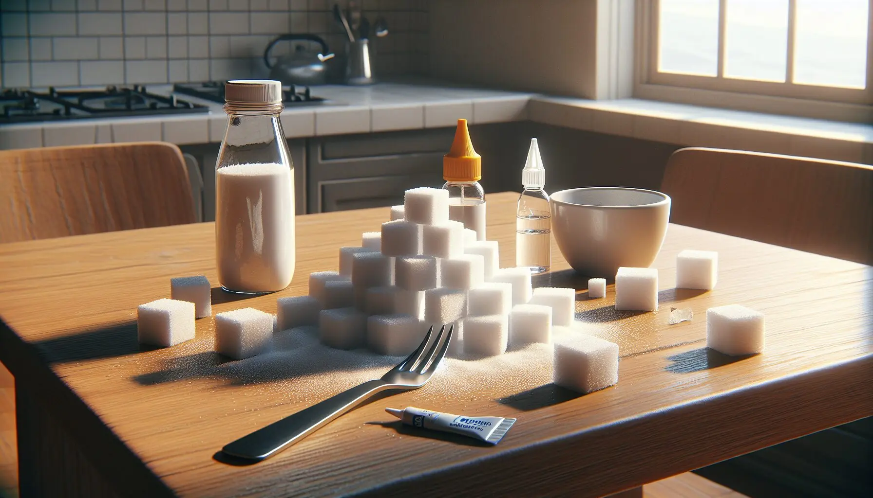 Depict an organized scene with sugar cubes and ice cubes ready for building.
