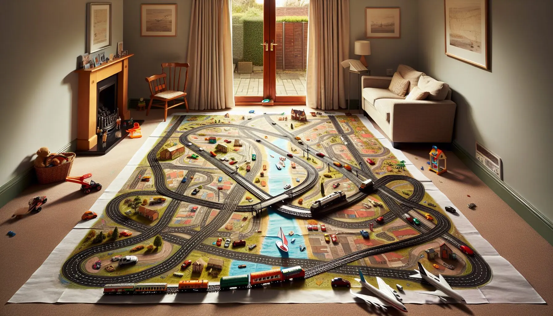 Create an image of a large sheet with roads, tracks, rivers, and airports drawn in bright colors, with toy vehicles placed across it.