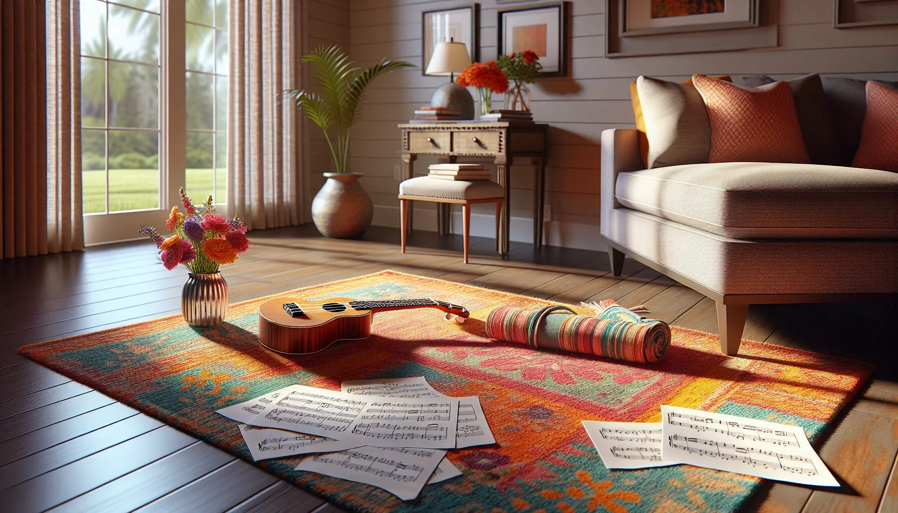 Generate an image of a child holding a ukulele, beaming with confidence during a cozy home performance.