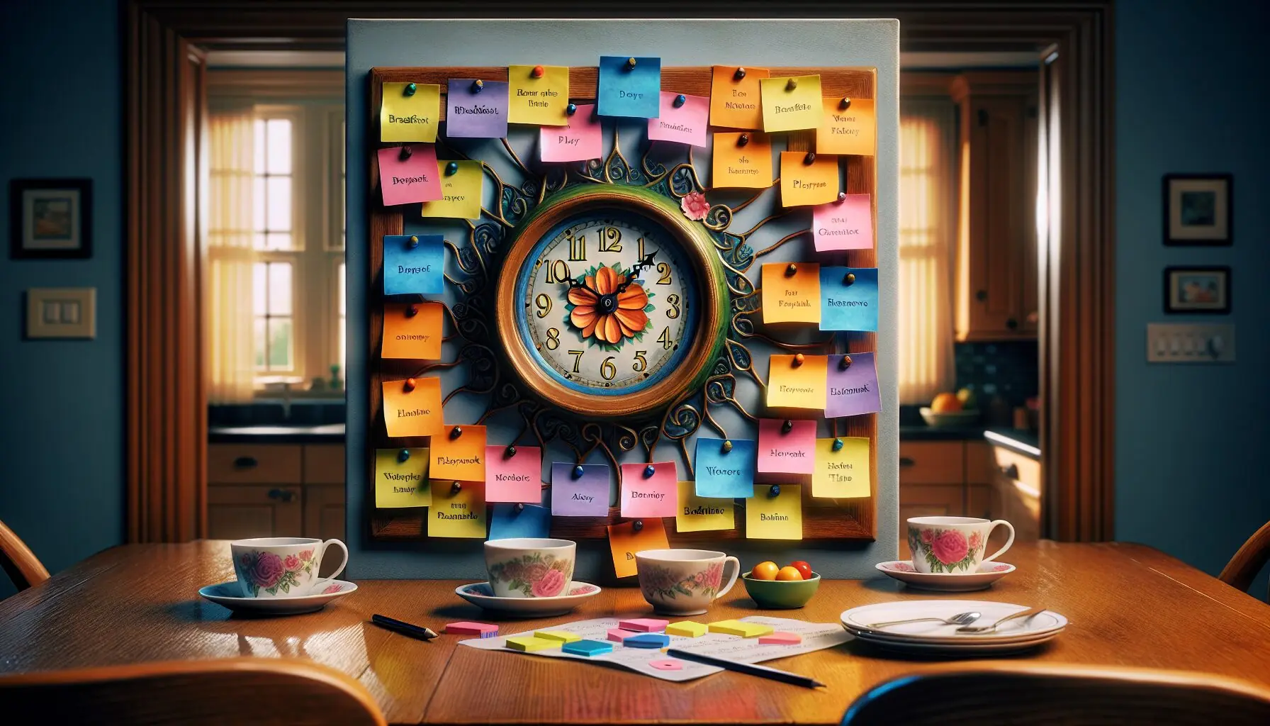 Generate an image of a decorative wall clock surrounded by colorful sticky notes representing daily activities.