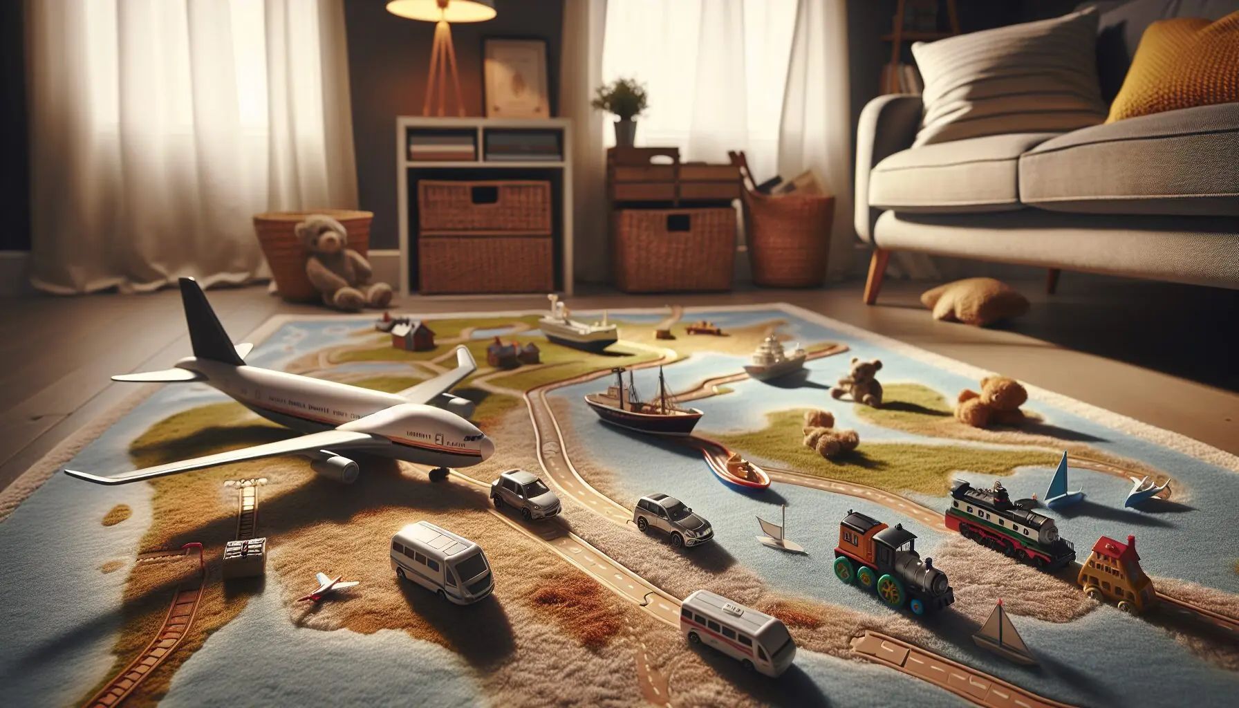 Illustrate a whimsical map with various non-personal elements, showing connecting routes for different transport vehicles like a car, train, plane, and boat.