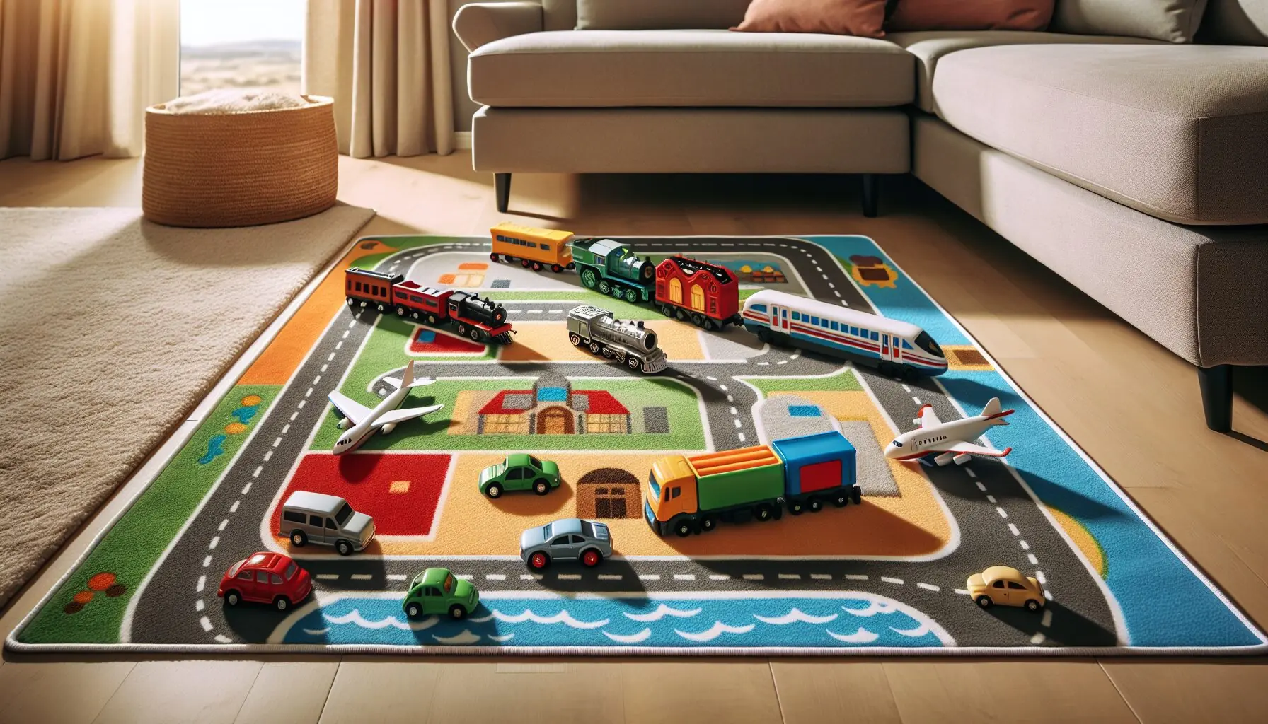 Generate an image of various toy vehicle models like cars, trains, planes, and boats neatly arranged on a colorful playmat.
