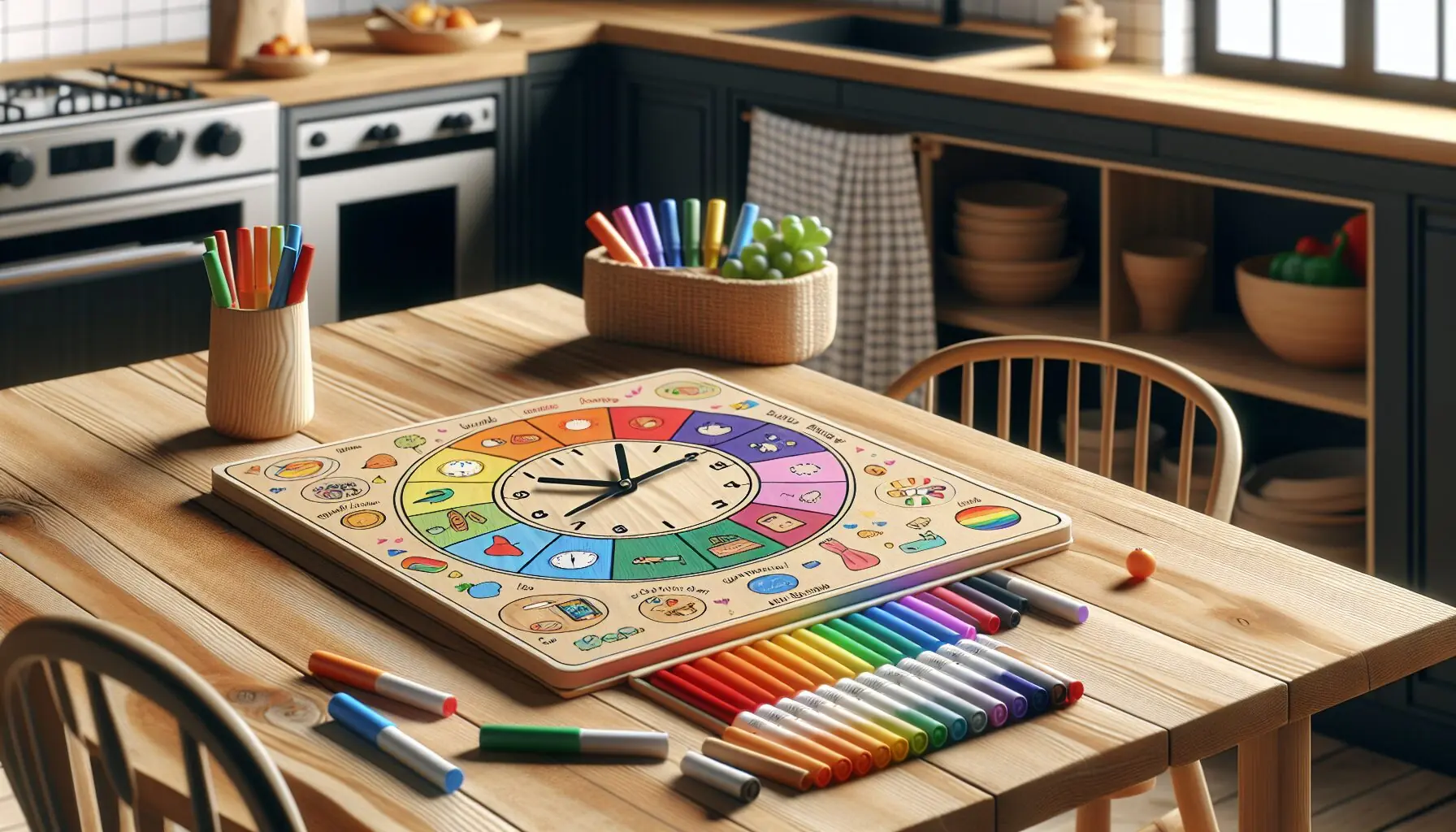 Generate an image of a playful time-themed memory board with illustrated event cards and vibrant, eye-catching colors.