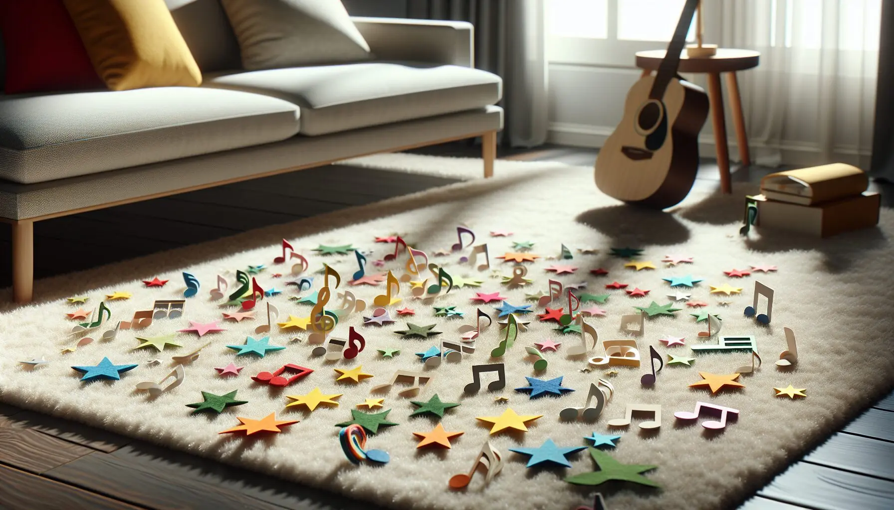 Generate an image of colorful musical notes and stars against a sky background, symbolizing joy and creativity in music.