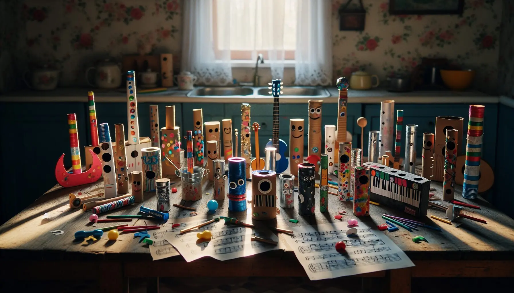 Generate an image of a collage of different handmade musical instruments, each with personalized decorations, set against a background of musical notes.