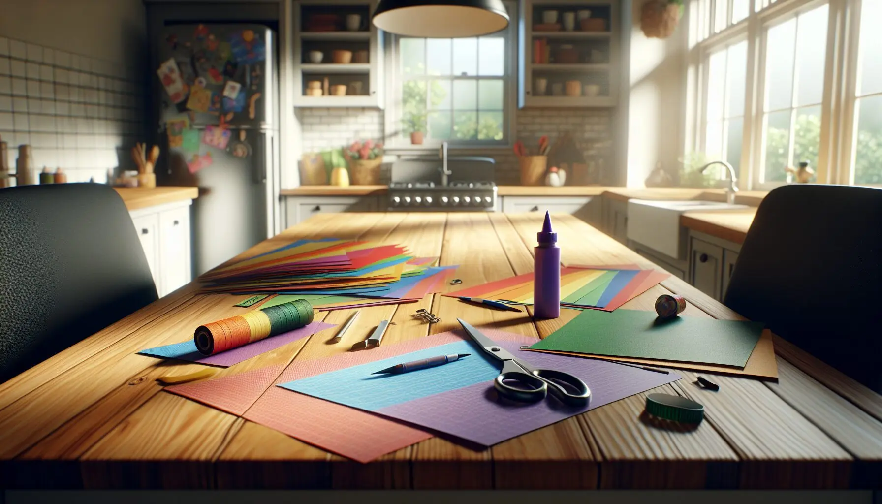 Generate an image of colorful paper with scissors and glue stick neatly arranged on a table.