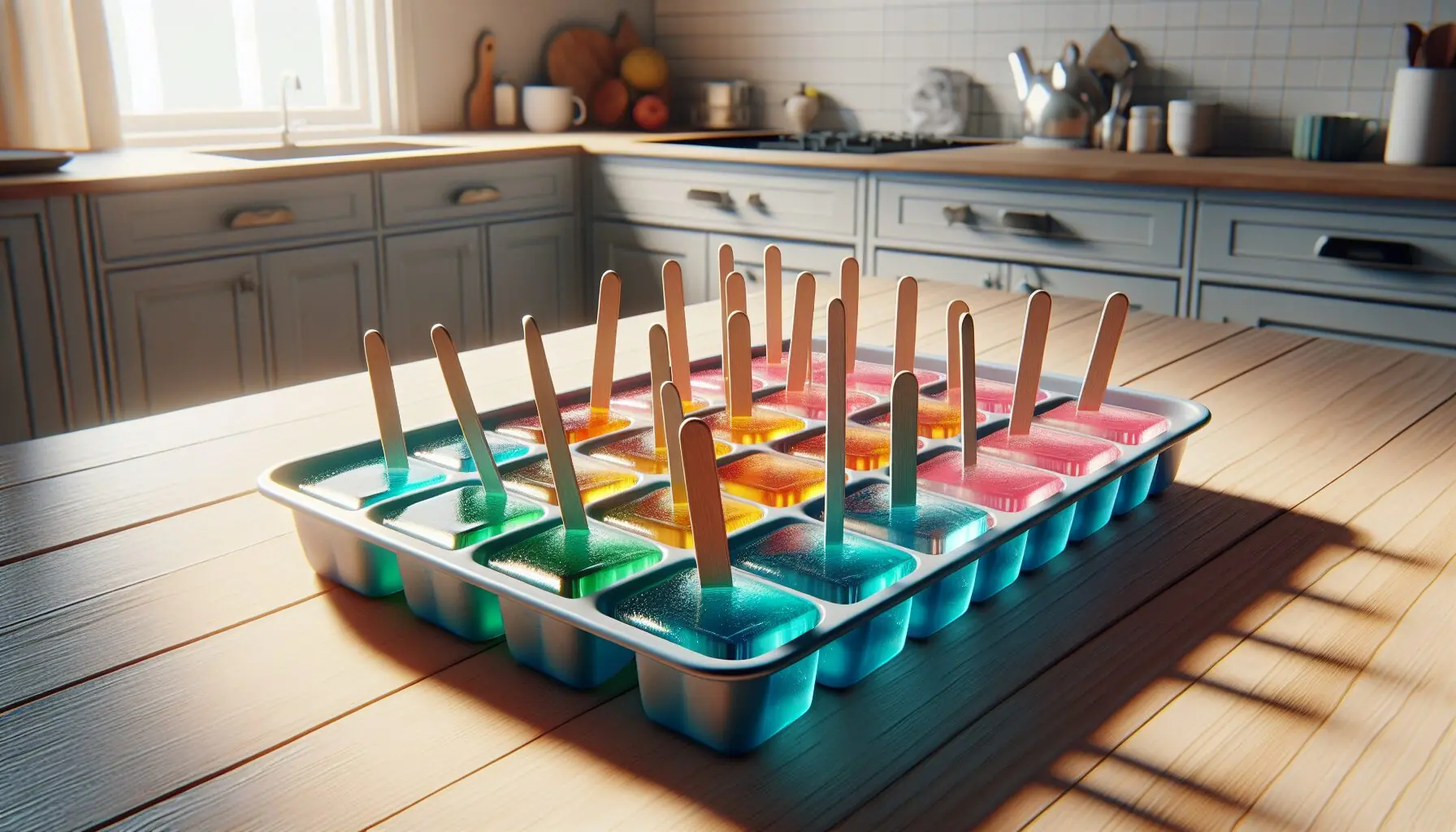 Generate an image of an ice cube tray with colored water and popsicle sticks.