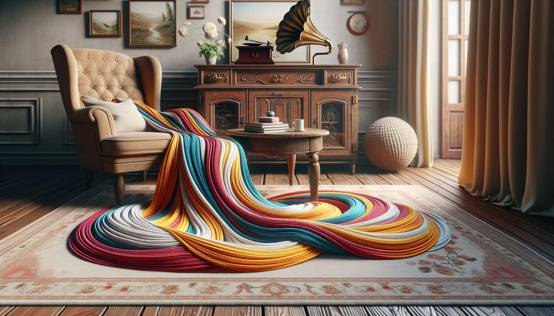 Create an image of a pair of colorful scarves fluttering in a dance-like motion, set against a vibrant background.
