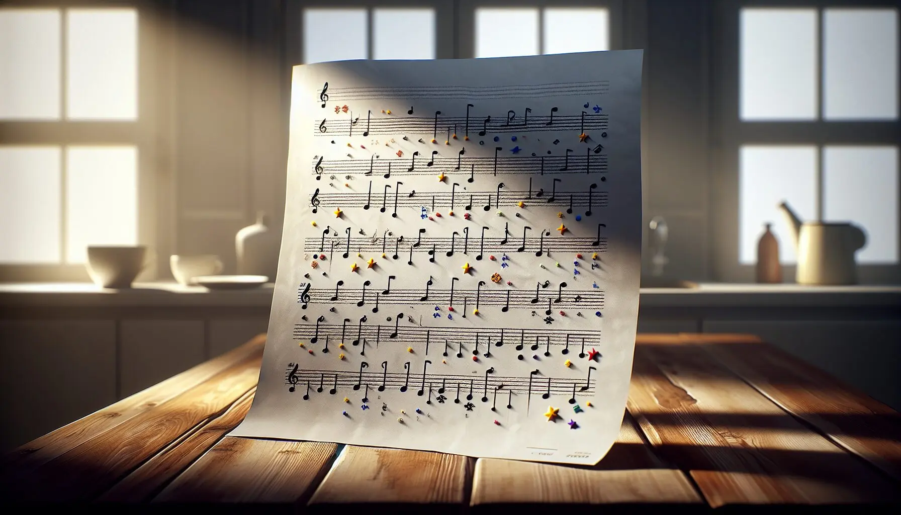 Generate an image illustrating a simple musical note pattern representing a rhythmic sequence on a sheet of paper with colorful icons.