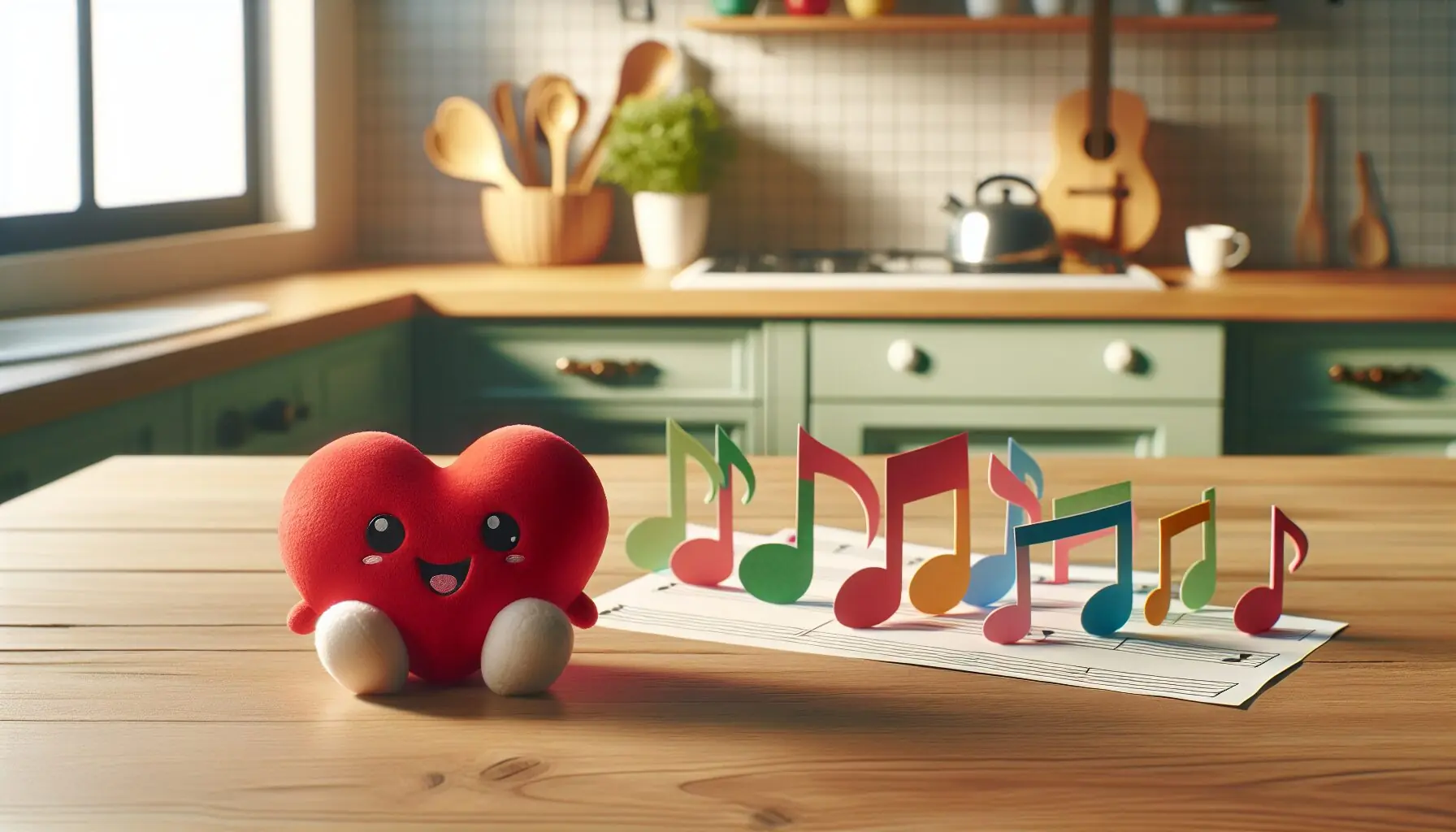 Generate an image of a cartoon heart with smiling face and musical notes around it to represent its rhythm.