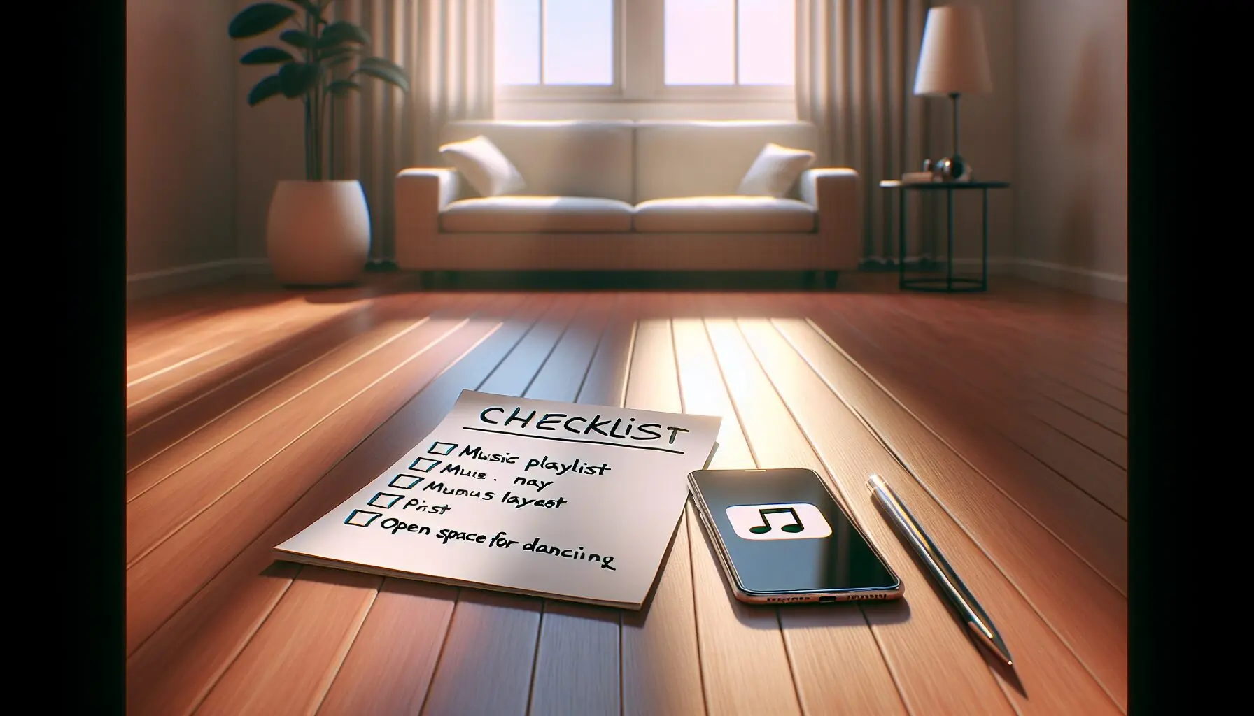 Generate an image of a room with a checklist displaying 'Music Playlist' and 'Open Space for Dancing'.